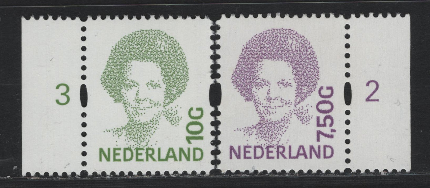 Lot 104 Netherlands SC#784-785 7.5g - 10g Purple - Green , 1991-1994 Queen Beatrix Issue, 2 VFNH Singles, High Values With Syncopated Perfs