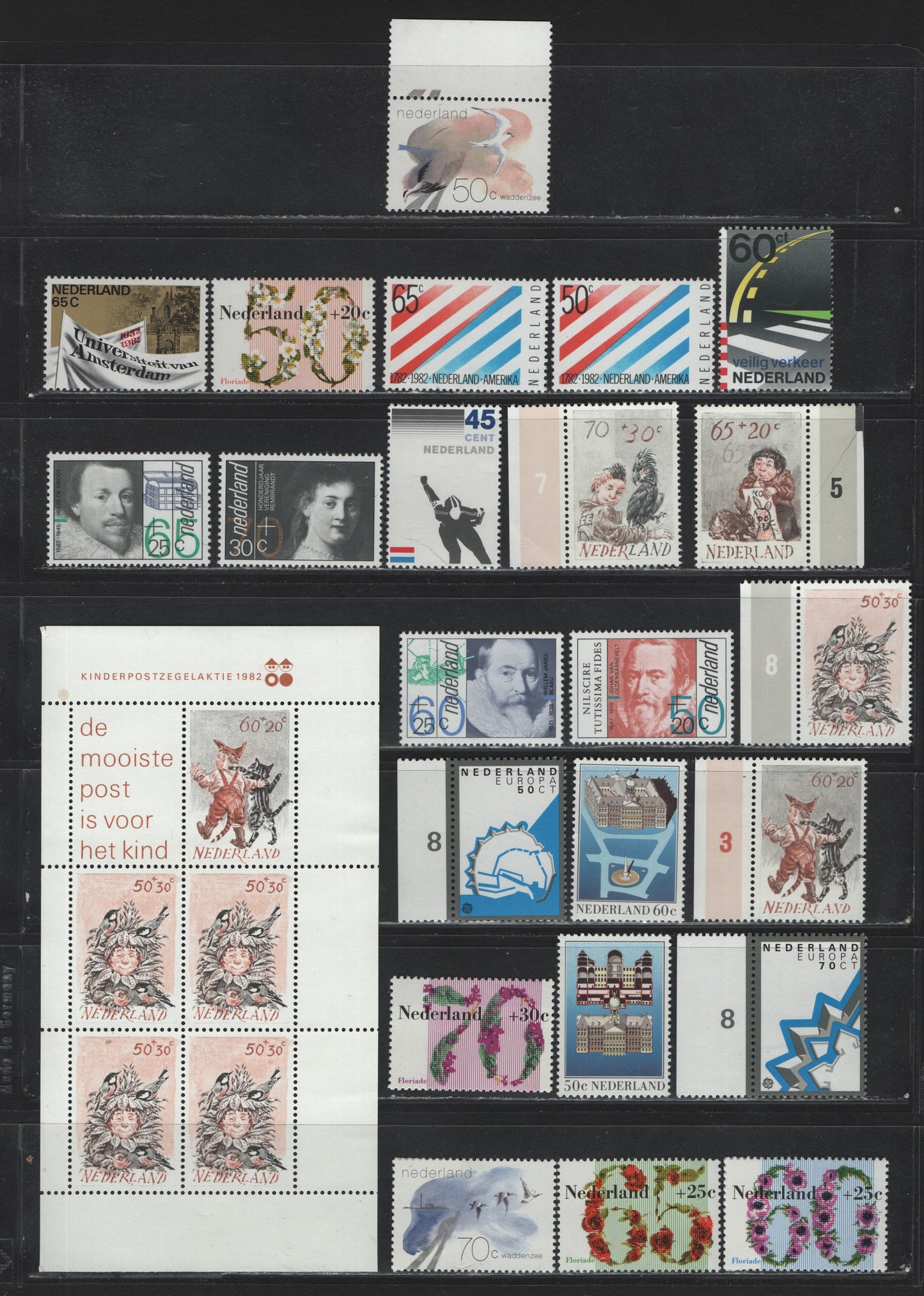 Lot 106 Netherlands SC#638-648, B577-B584, B582a,1982 Commemorative & Semi Postal Issues, 24 VFNH Singles & Souvenir Sheets, Complete Year Set, Includes Booklet Singles