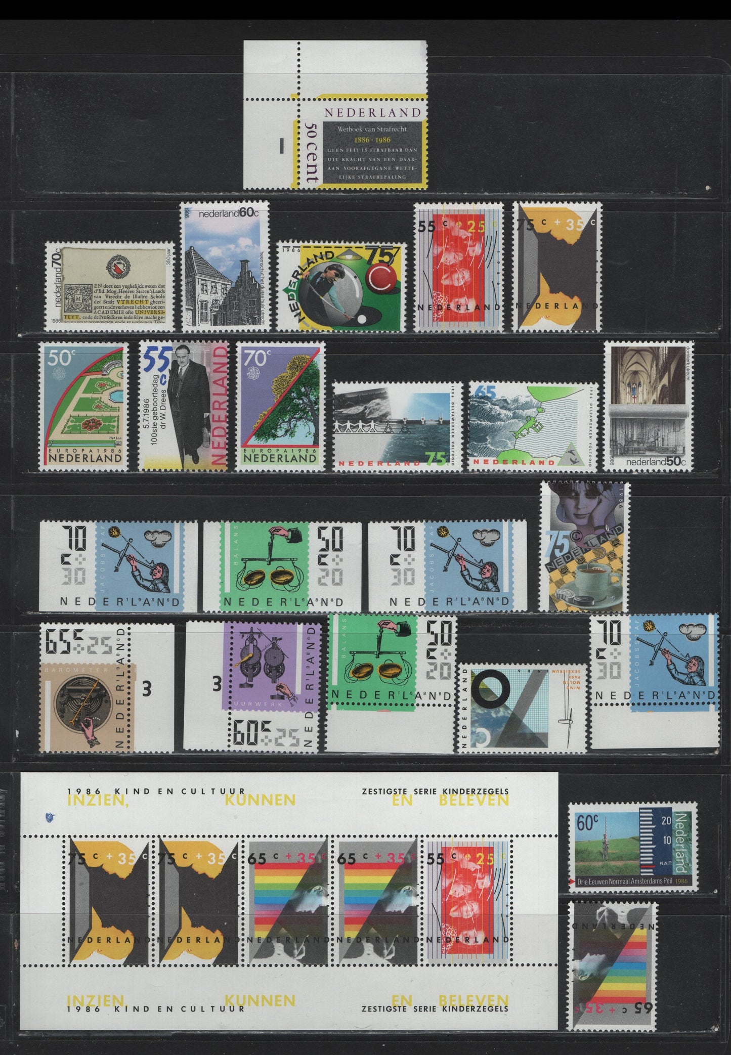 Lot 110 Netherlands SC#676-684, 705-709, B619-B625a, 1986 Commemorative & Semi Postal Issues, 24 VFNH Singles & Souvenir Sheets, Complete Year Set, Includes Booklet Singles