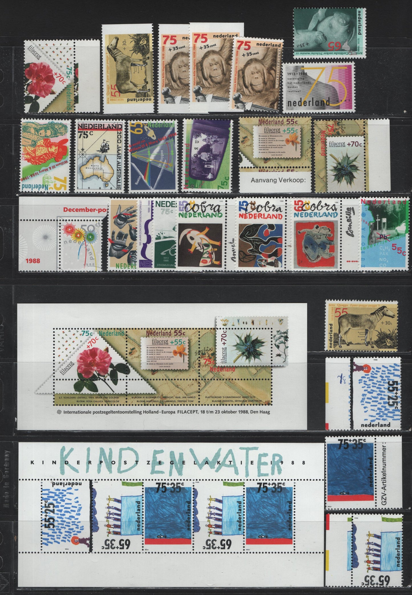 Lot 112 Netherlands SC#728-739, B635-B643a, 1988 Commemorative & Semi Postal Issues, 27 VFNH Singles & Souvenir Sheets, Complete Year Set, Includes Booklet Singles
