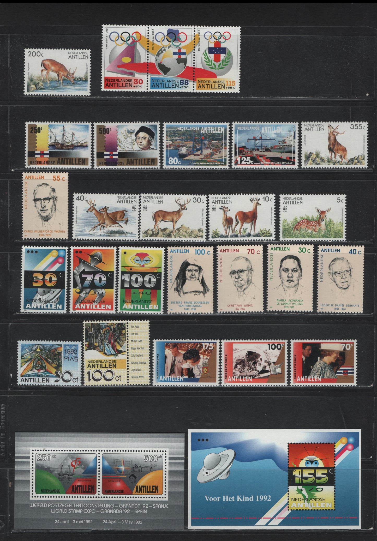 Lot 133 Netherland Antilles SC#666-686, B289-B293, 1992 Commemorative & Semi Postal Issues, 26 VFNH Singles & Souvenir Sheets, Complete Year Set