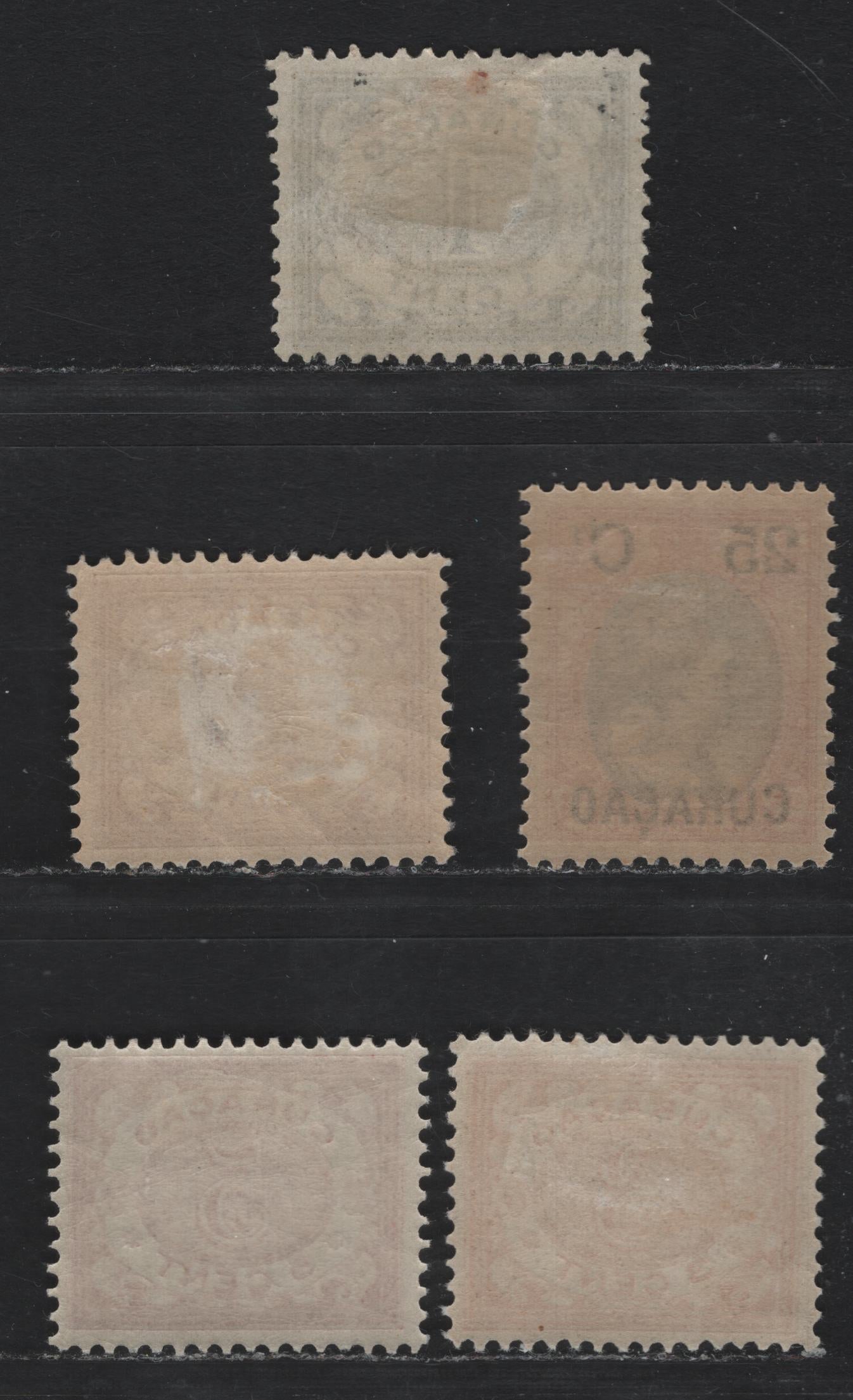 Lot 160 Netherlands Antilles SC#27, 30-31, 33-34 1c - 25c on 25c Olive Green - Rose Pink & Blue , 1904-1908 Numeral & Queen Wilhelmina Issue, 5 F/VFOG Singles, Perf 12.5, All With Gum