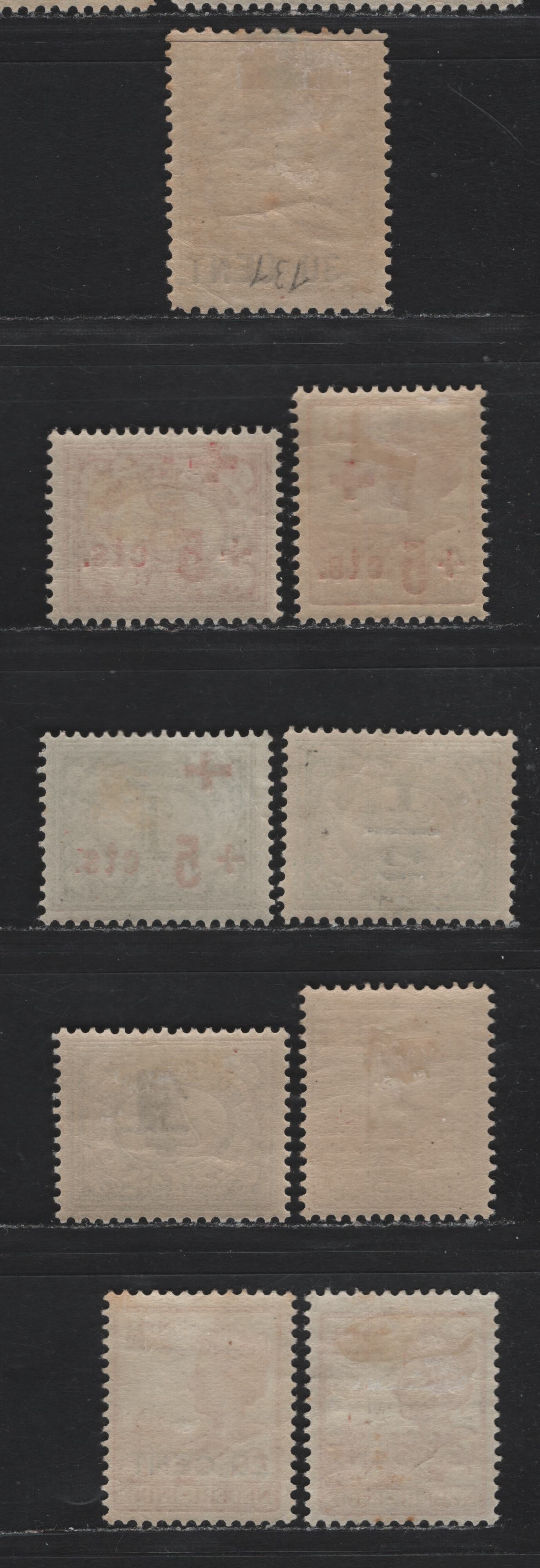 Lot 209 Netherlands Indies SC#B1-B3, 140a, 144-146, 137-138 1/2c on 2.5c - 10c+5c Green - Rose , 1915-1918 Red Cross Semi Postal - Surcharged Issues, 8 F/VFOG Singles
