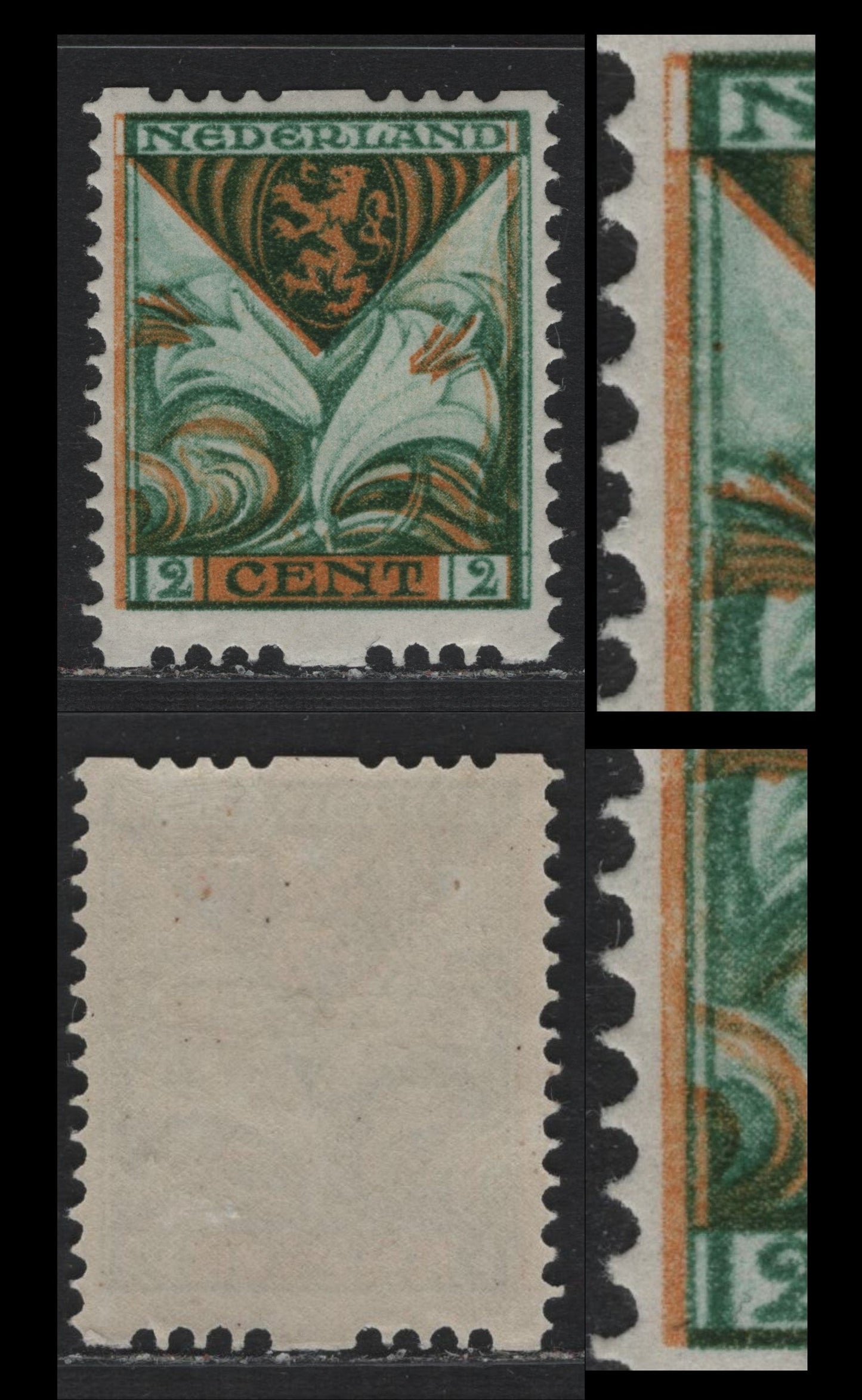 Lot 31 Netherlands SC#B9avar 2c+2c Green & Orange , 1925-1927 Child Welfare Societies Semi Postals, A VFOG Single, Syncopated Perfs Type A, Showing 1/2mm Shift Of The Orange To Left