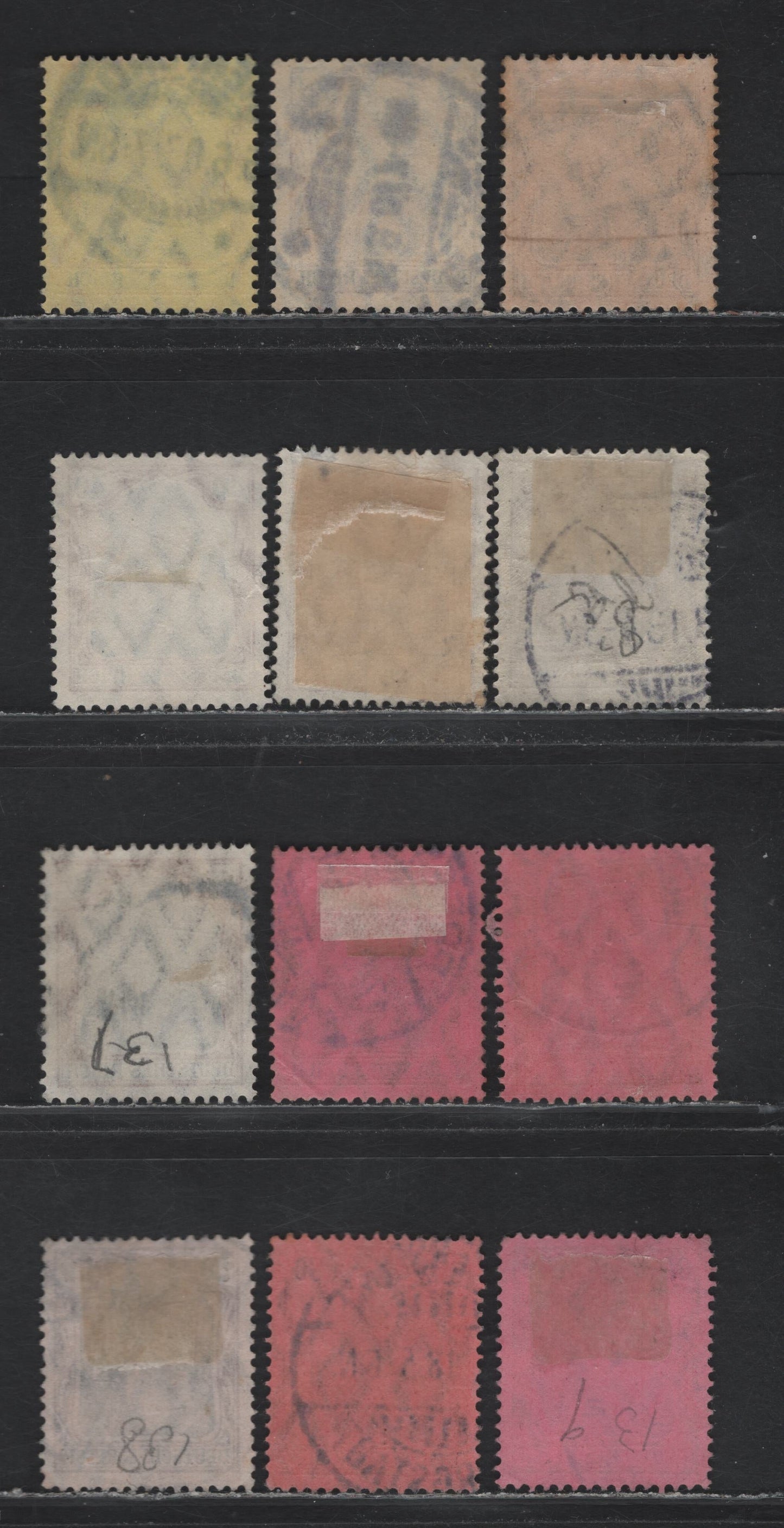 Lot 131 Germany SC#85a, 87a, 88b, 89b, 91a (88I, 90I, 91Ix, 92I, 93I) 25pf - 80pf Orange & Black on Yellow - Lake & Black on Rose , 1905-1913 Germania Issue, 8 Fine/Very Fine Used Singles, Unlisted Shade Variations & Paper Color Variations On 50pf