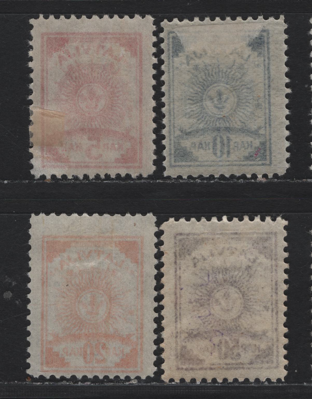 Lot 195 Latvia SC#18-19, 21, 23 5k - 50k Carmine - Purple , 1919 Arms Issue, 4 FOG Singles, Perf 11.5,