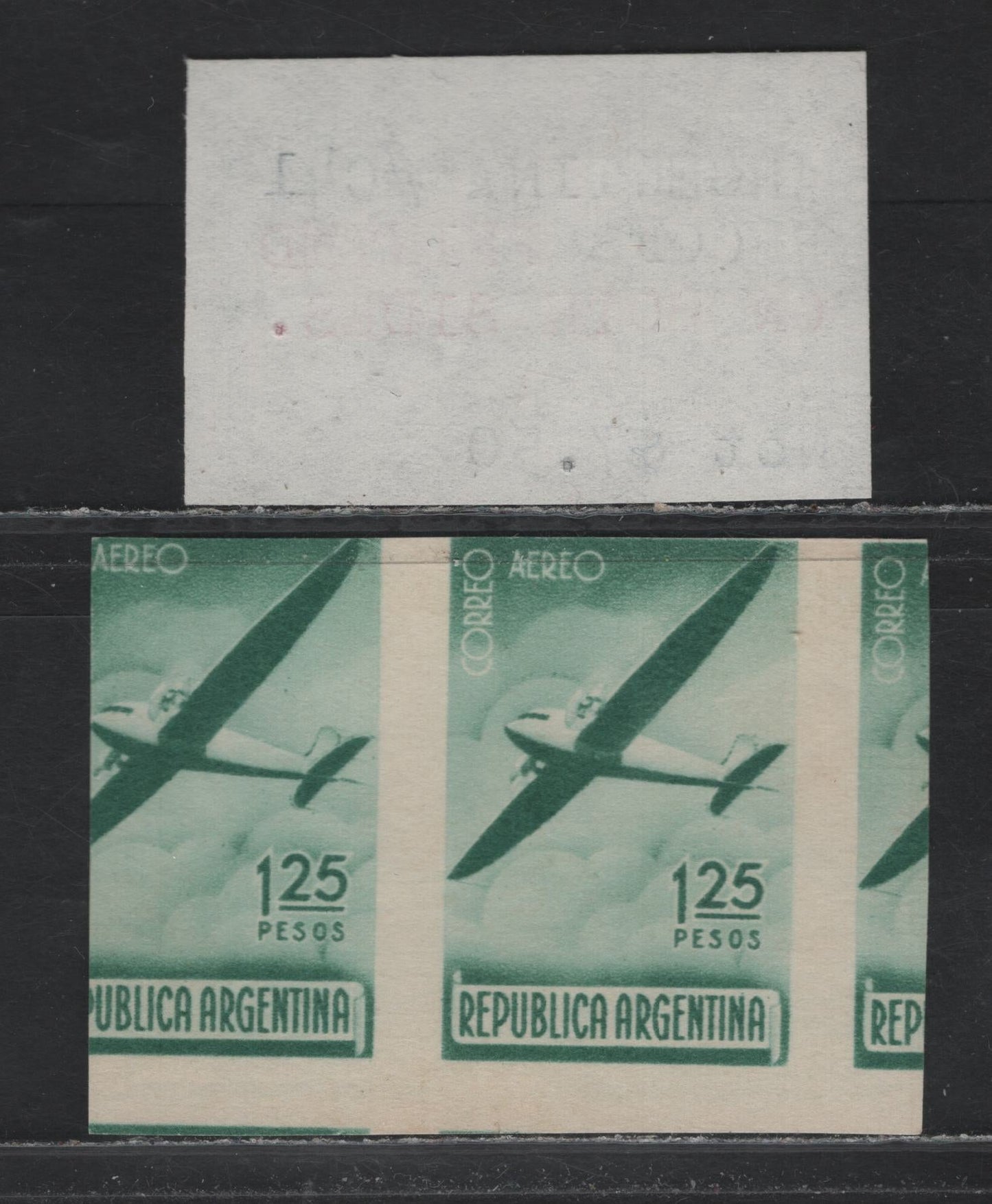 Lot 230 Argentina SC#C41var 1.25 Emerald Green - Deep Green , 1940 Mercury & Plane Airmail Issue, A Very Fine Unused Proof Pair, Color Proof Pair, Printed On Both Sides In Different Colors