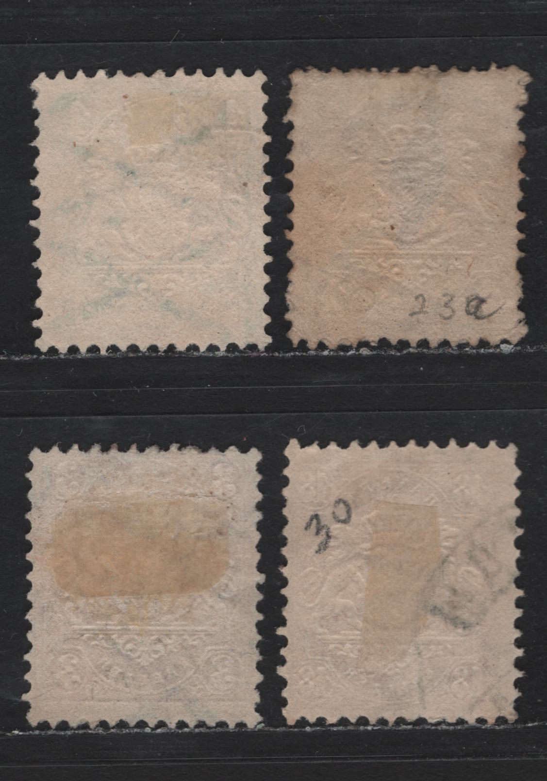 Lot 23 Bavaria SC#23,c, 24, 30 (Michel# 22Ya, 22Yb, 23Y, 27Ya) 1kr - 18kr Green - Rose , 1870-1872 Embossed Arms Issue, 4 Fine Used Singles