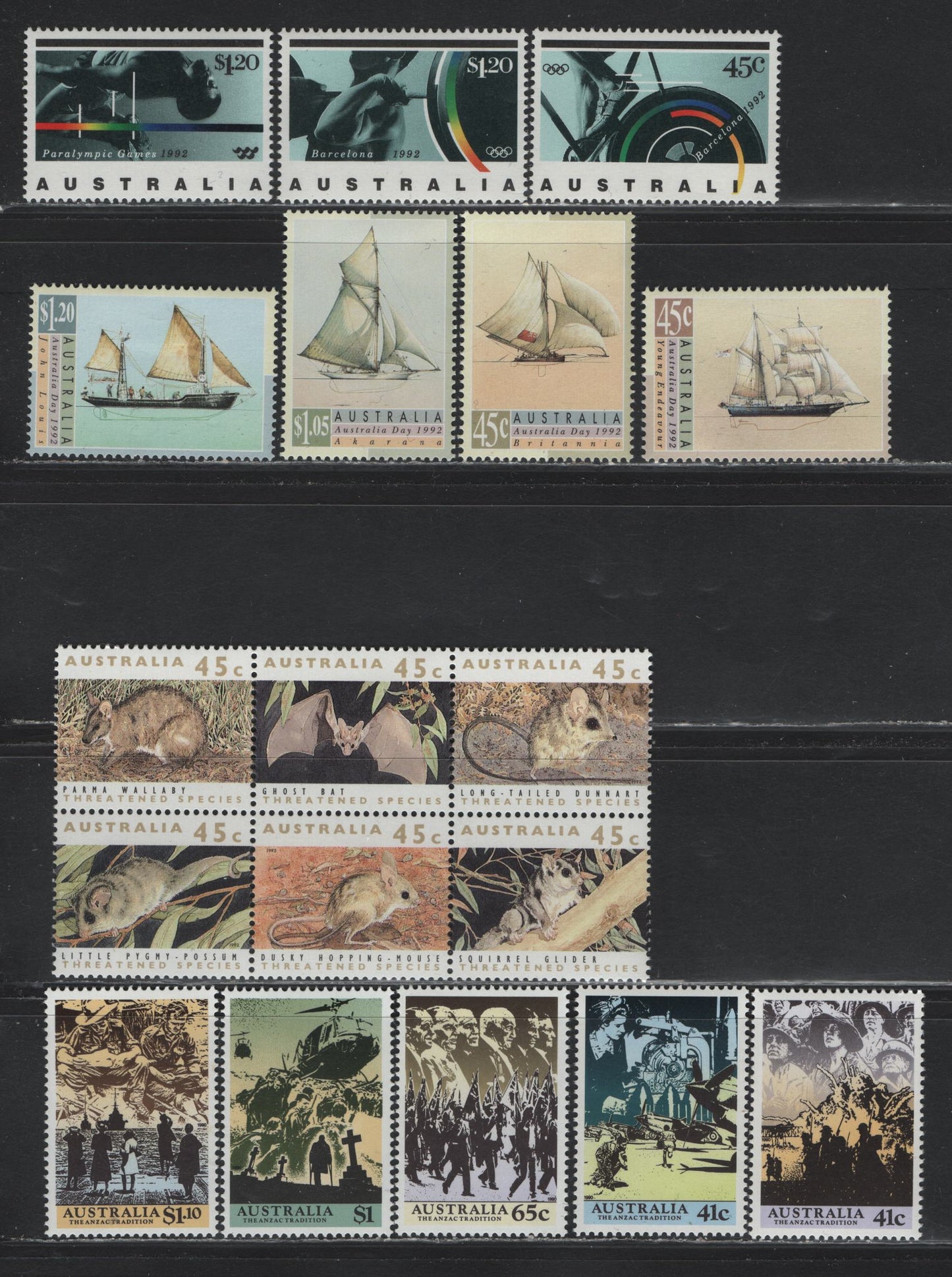 Lot 238 Australia SC#1174-1178, 1235a-f, 1249-1252m 1268-1270 41c - $1.20 Multicolored , 1990-1992 Anzac - Summer Olympic Issues, 18 VFNH Singles