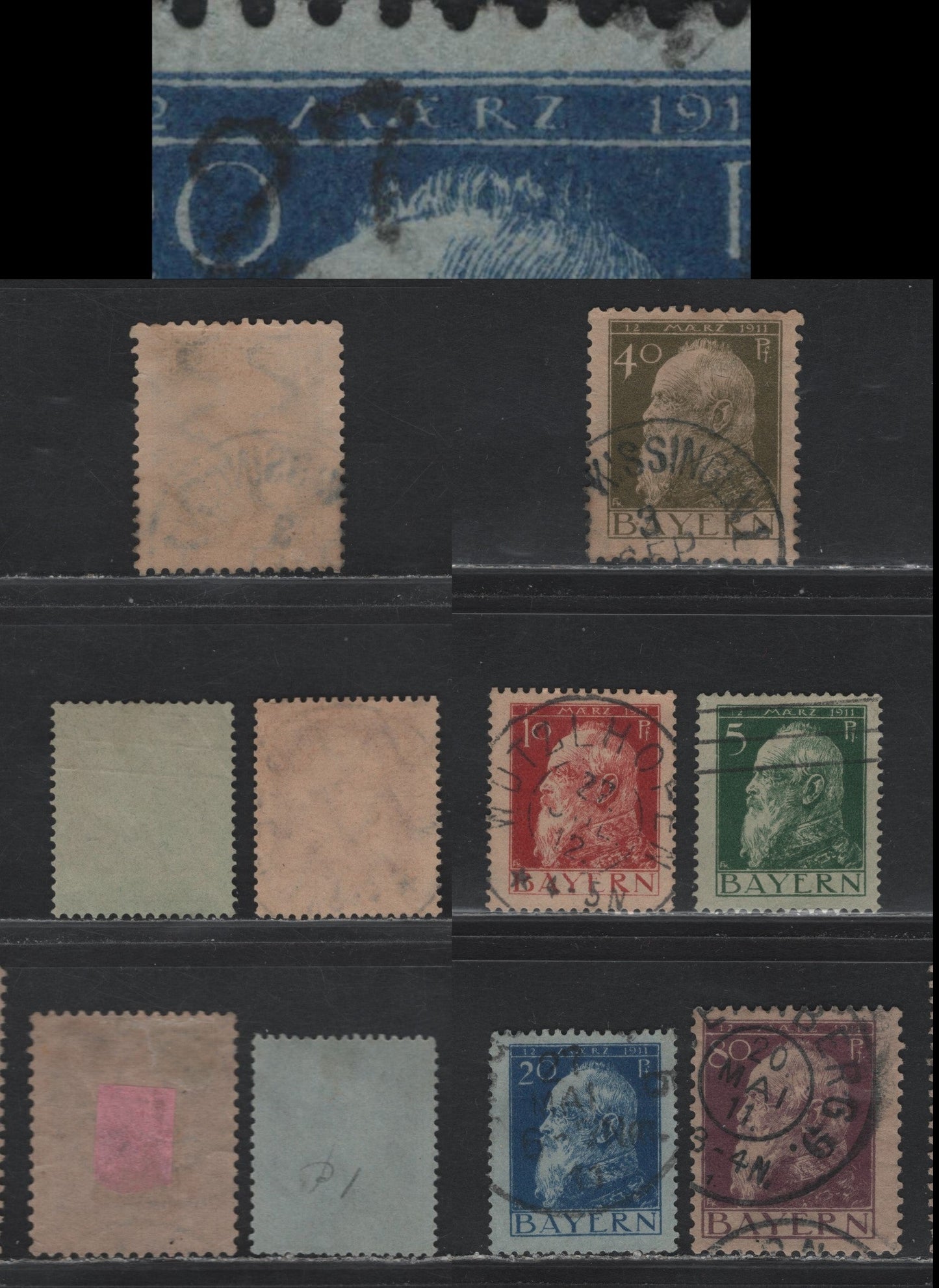 Lot 41 Bavaria SC#78-80, 83, 85 (Michel# 77I, 78I, 79IEb, 82I, 85I) 5pf - 80pf Dark Green on Green - Dark Brown Violet , 1911 Prince Regent Luitpold, Fine/Very Fine Used Singles, Type 1, Postally Used