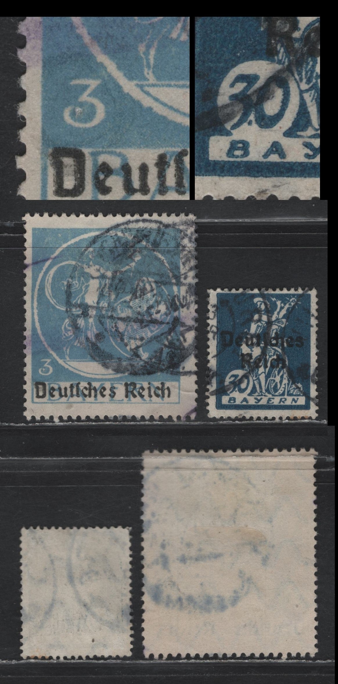 Lot 61 Bavaria SC#260var, 271var (123var, 134I) 30pf - 3pf Deep Blue - Pale Blue , 1920 Deutches Reich Overprinted Plowman, Sower & Madonna Issue, 2 Fine Used Singles, Shwing Dot Between '30' & Inside '3', Unlisted In Scott & Michel
