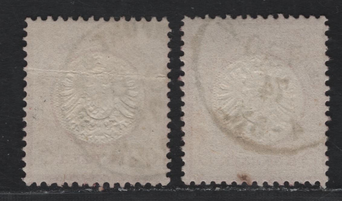 Lot 86 Germany SC#23 3kr Rose & Deep Rose , 1872 Eagle With Large Shield Issue, 2 Fine Used Singles, Different Shades, Both With Crisp 1874 CDS Cancels, One of Which Is Frankfurt.