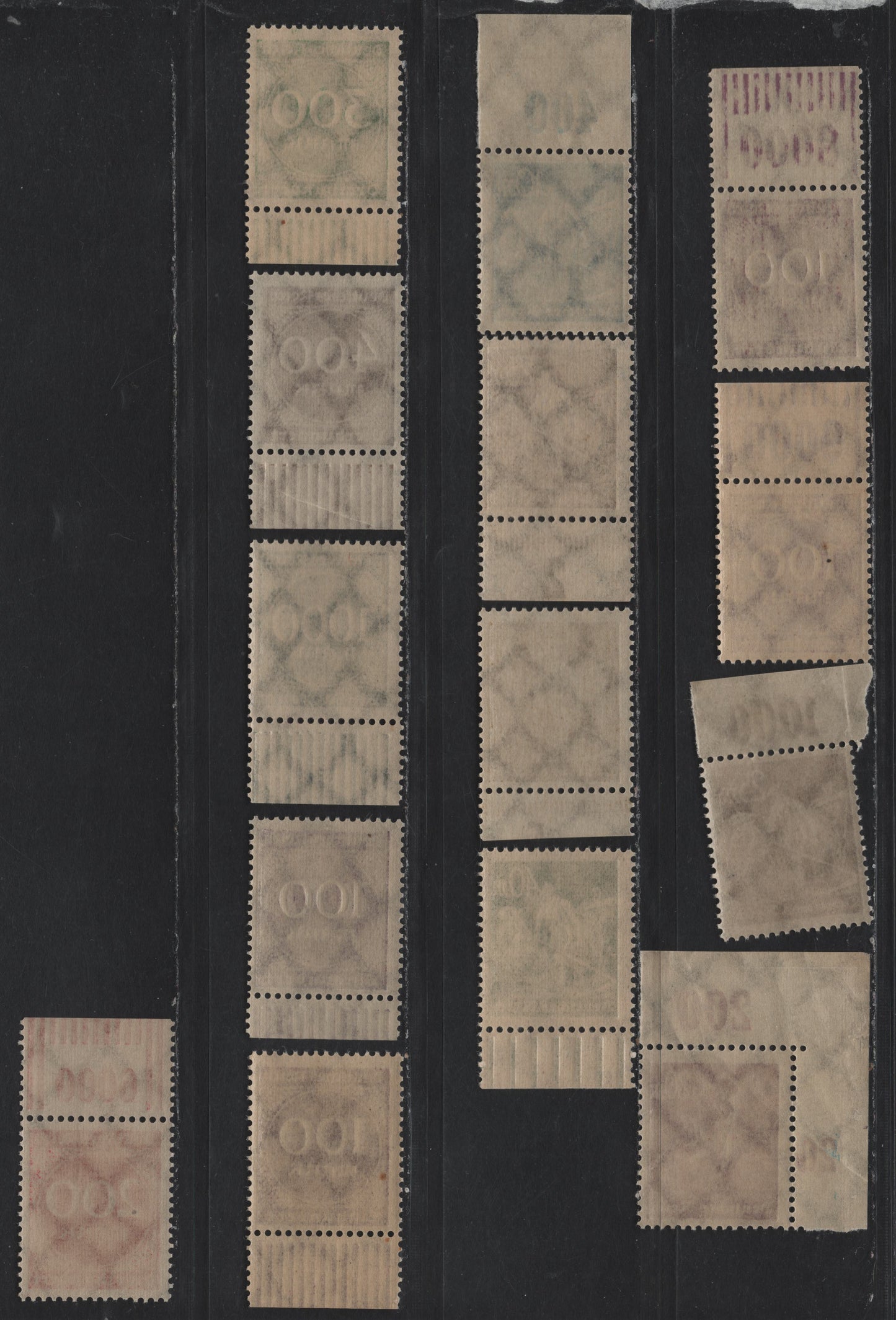 Lot 132 Germany SC#222, 224-225, 227, 229-232, 234 (239POR, 241POR, 242POR, 268bWOR, 269WOR) 10m - 1000m Light Blue - Deep Slate , 1922-1923 Numeral & Worker Issue, 14 F/VFNH Top & Bottom Sheet Margin Singles, Counter Numbers & Selvedge Markings
