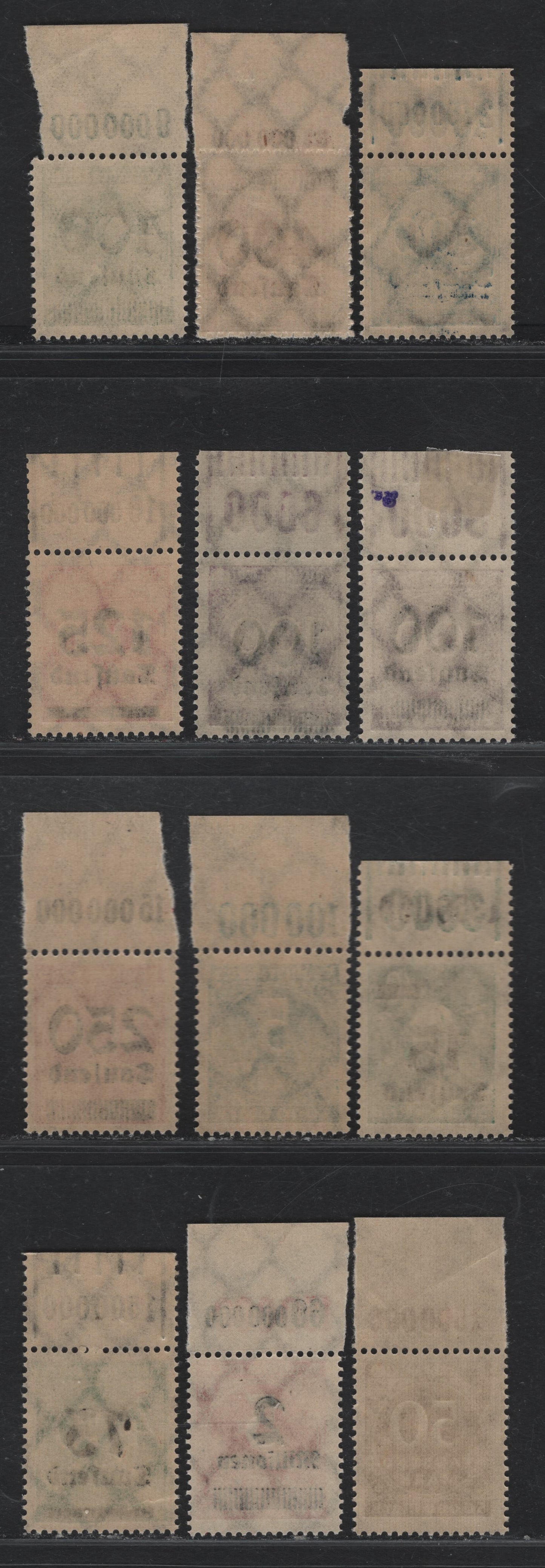 Lot 142 Germany SC#238A/273 (274POR/312aPOR) 5thm - 2mil on 5th Greenish Blue - Dull Rose , 1923 Numeral & Surcharged Issues, 12 F/VFNH Top Sheet Margin Singles, Value Counters