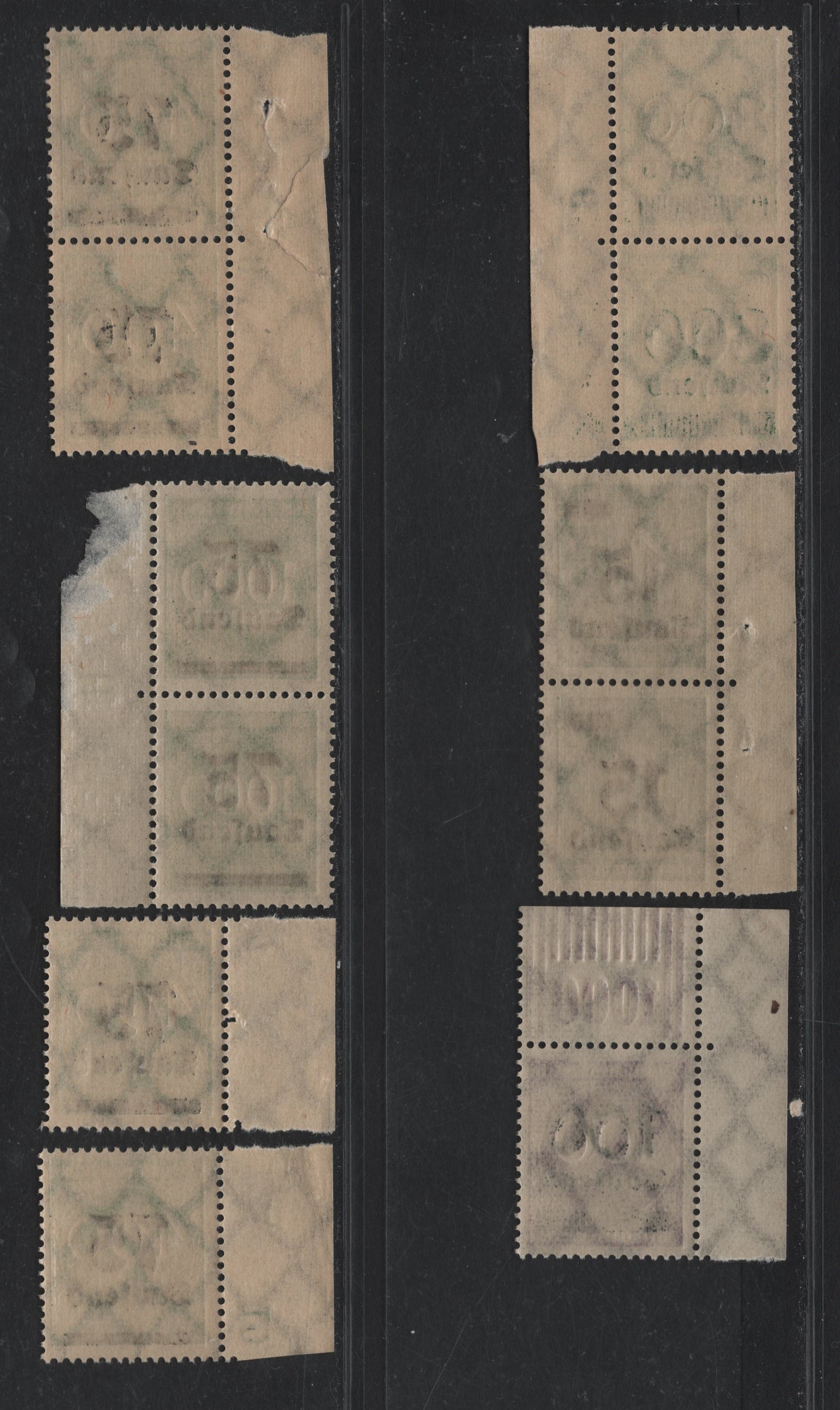 Lot 155 Germany SC#243, 251-253, 266 75th on 400m - 800th on 400m Light Green , 1923 Numeral & Surcharged Issues, 7 VFNH Sheet Margin Singles & Pairs, Showing Various Sideways Numbers In Selvedge