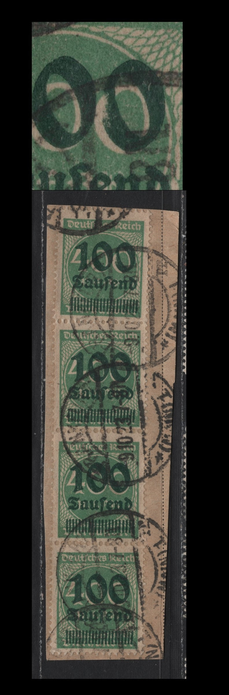Lot 166B Germany SC#254var (290var) 10th on 400m Light Green , 1923 Surcharged Issue, A Fine Used Strip Of 4 On Piece, October 9 1923 Frankfurt CDS Cancel