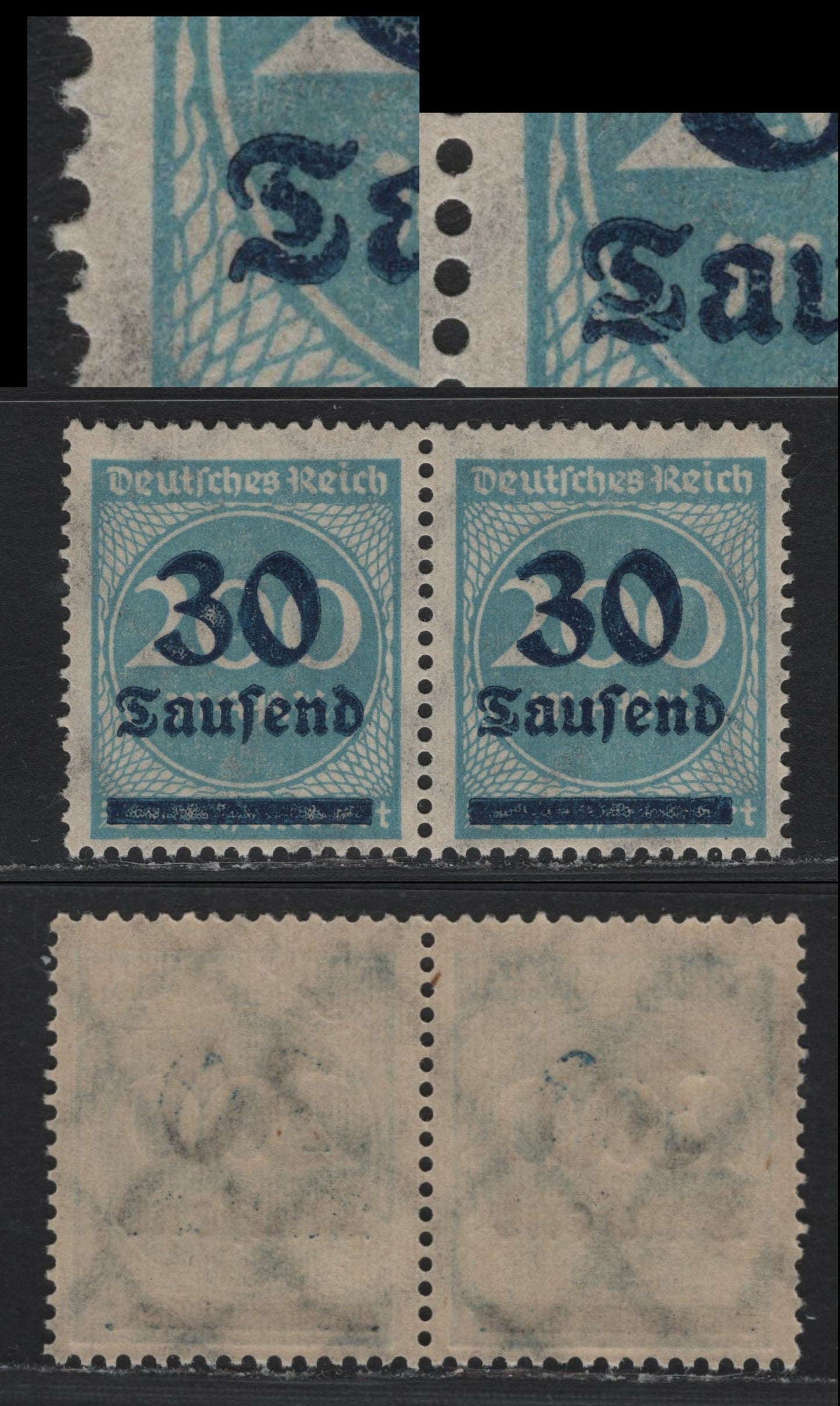 Lot 172 Germany SC#249 (285AFI) 30th on 200m Pale Blue , 1923 Surcharged Issue, A FNH Pair, From Pos. 68 & 69, With Pos. 69 Showing Broken 'T' in Tausend
