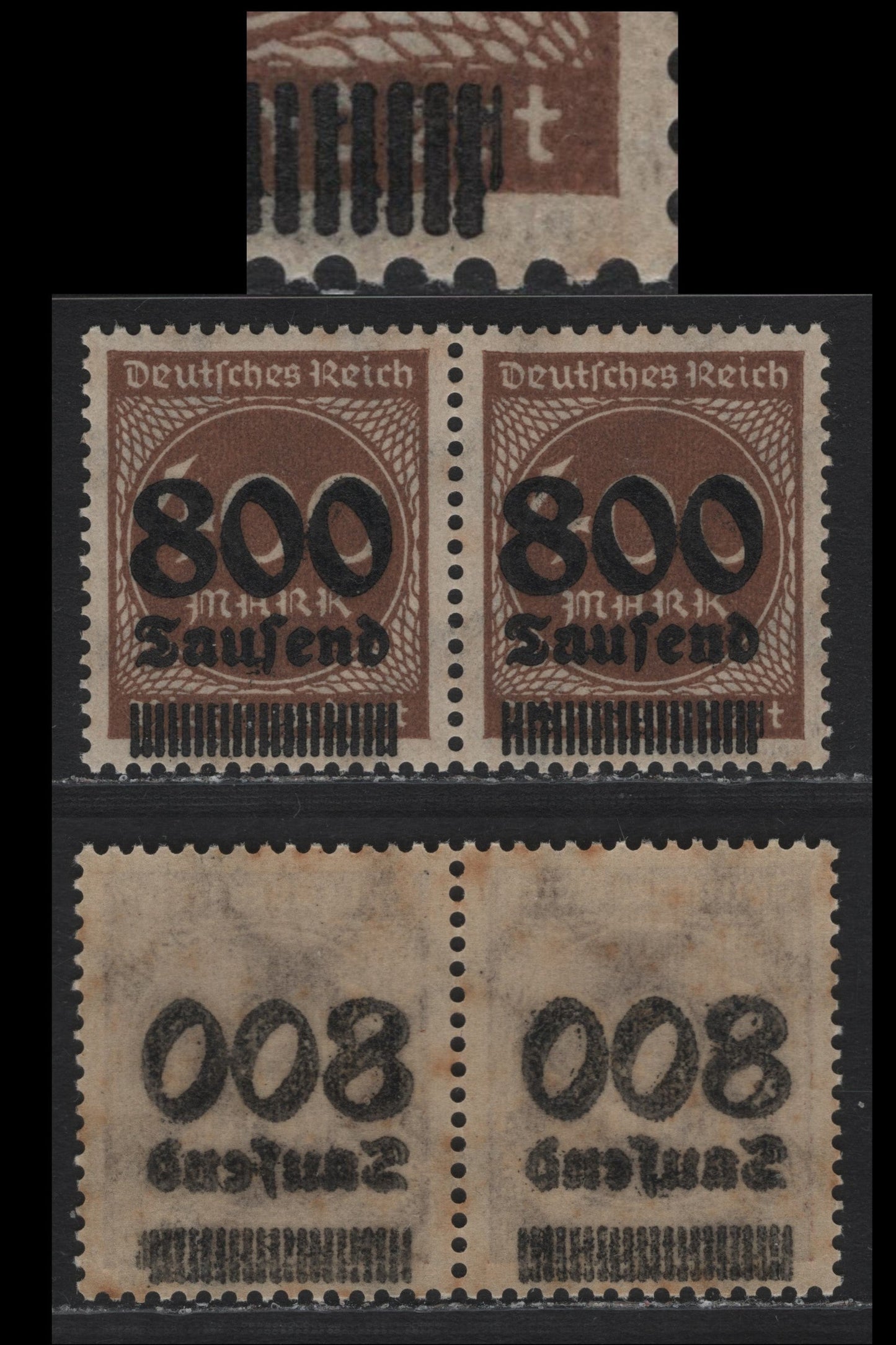 Lot 191 Germany SC#265 (305Avar) 800th on 400m Brown , 1923 Surcharged Issue, A VFNH Pair, As Lot 190 But Extra Right Surcharge Bar On Right Stamp Is Thinner Than The Others