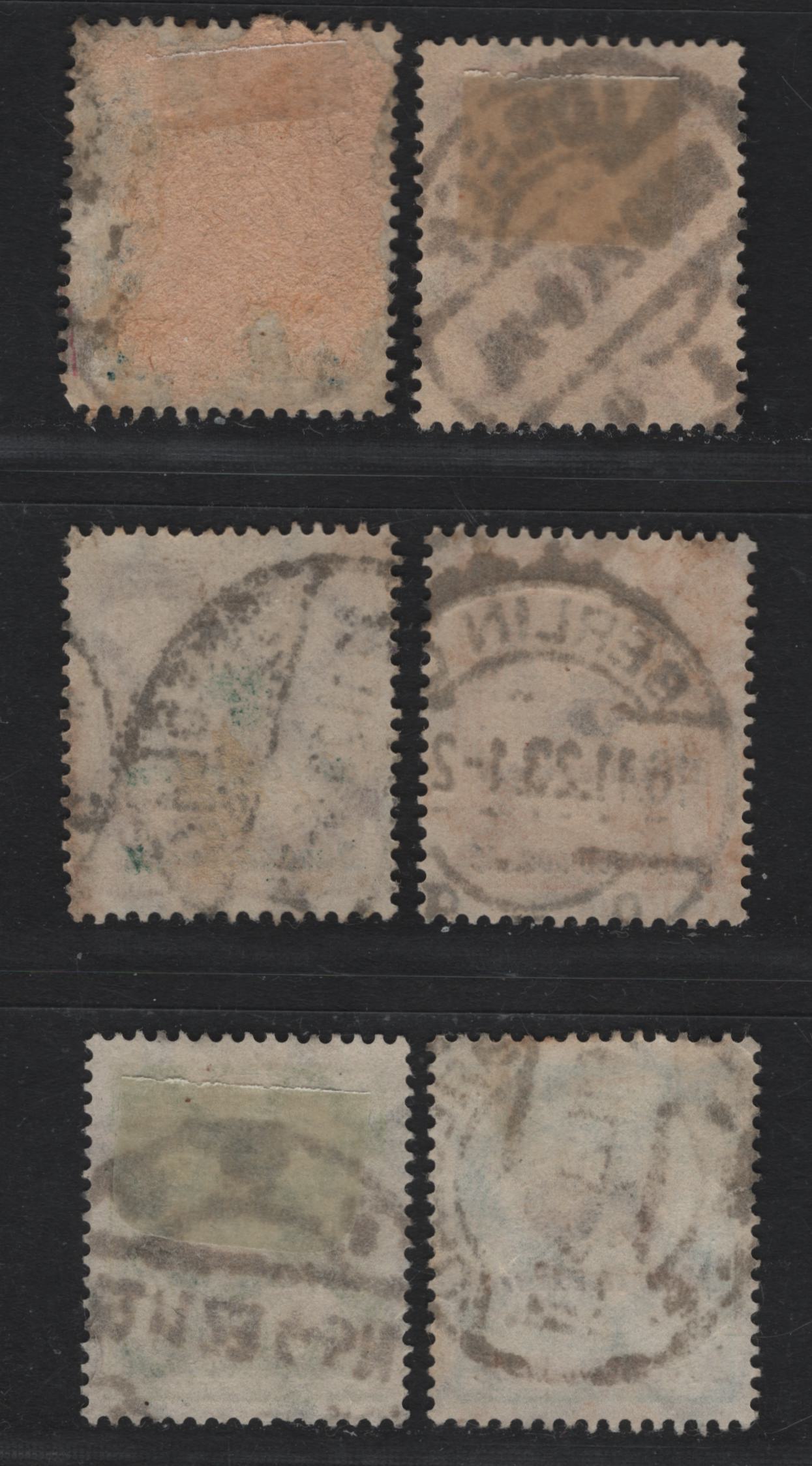Lot 218 Germany SC#281b, 285a, 295a-296a, 297b, 298a (314AW, 317AW, 326AW, 327AW, 328AW, 329AW) 1mill - 20mlrd Greenish Blue - Bluish Green & Brown , 1923 Numeral & Rosette Issue, 6 Fine/Very Fine Used Singles, Rotary Press Printings, All Postally Used