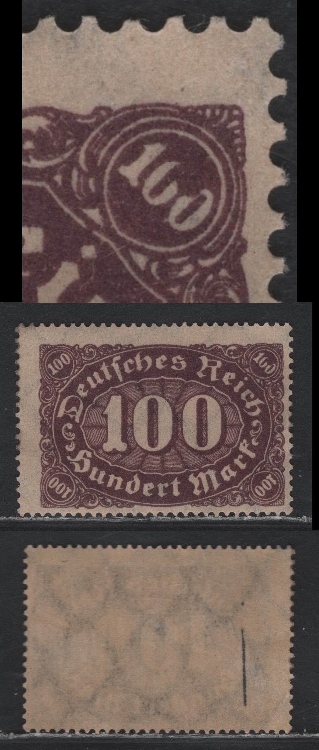 Lot 97 Germany SC#199var (247var) 100m Blackish Lilac Brown , 1923 Numeral Issue, A FOG Single, Showing Broken "0's" In 100 At UR, Unlisted In Michel, But Is Still Likely Constant.