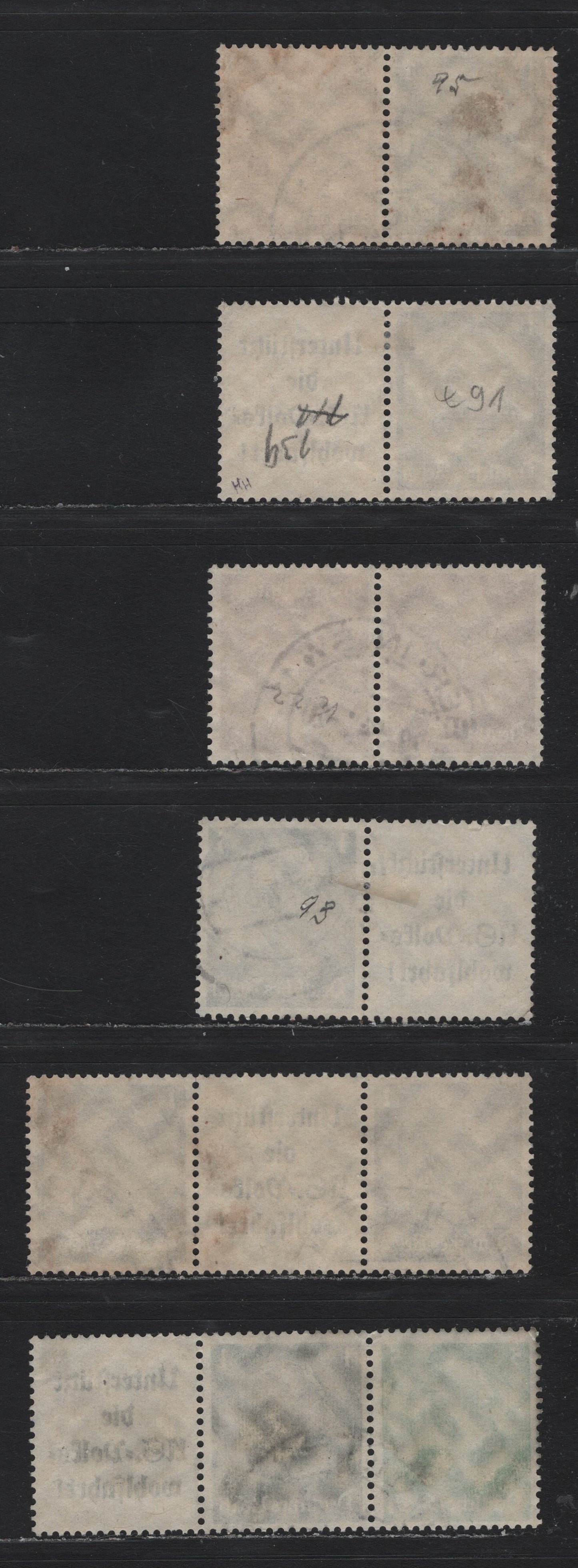 Lot 110 Germany SC#415-416 (K22, W90-93) 1pf - 3pf Black - Brown , 1933-1936 Hindenberg Issue, 6 Very Fine Used Tete-Beche Pair, Coil Pair & Coil Strip Of 3