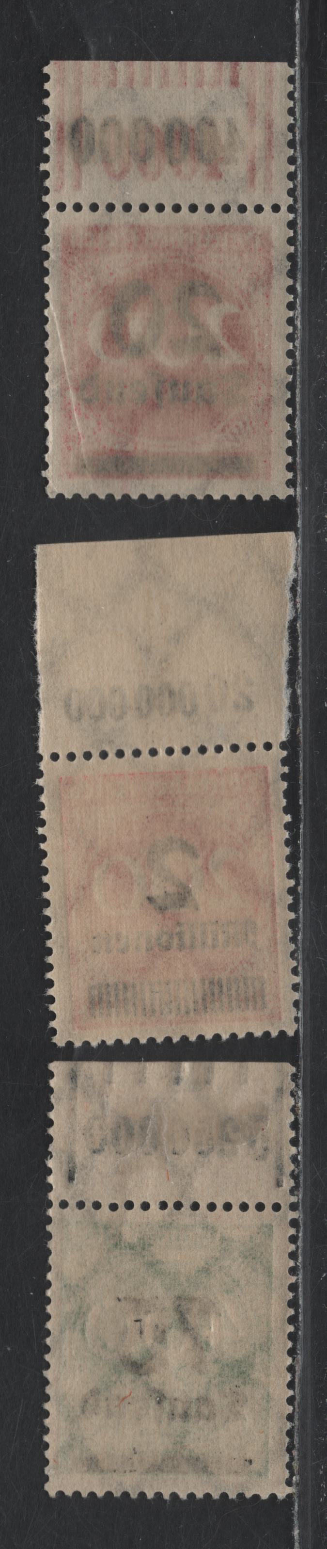 Lot 162 Germany SC#246, 251, 269 (309APaOR, 282IIPOR, 287POR) 20th on 200m - 2mil on 200m Carmine - Rose , 1923 Surcharges, 3 VFNH Top Sheet Margin Singles, Value Counters