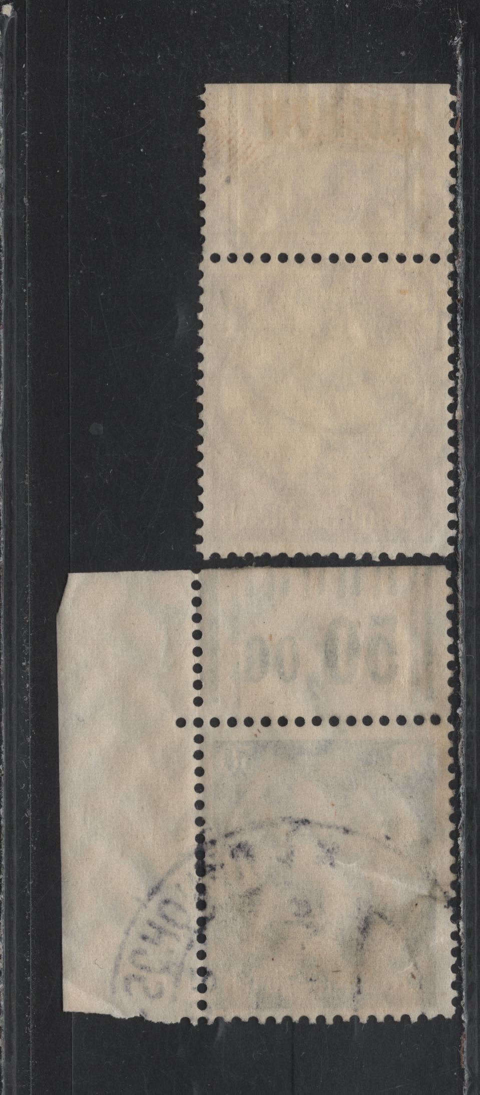 Lot 166 Germany SC#428-429 50pf - 60pf Black & Dark Green - Black & Claret , 1933-1936 Hindenburg Issue, 2 Fine/Very Fine Used Top Sheet Margin Singles, Rotary Press Printings, Value Counters & Color Density Bars