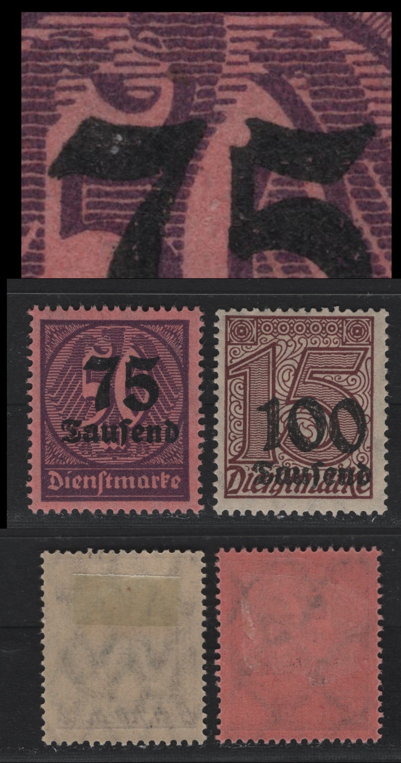 Lot 298 Germany SC#O31, O34 (92var, 91var) 75th on 50m - 100th on 15pf Violet on Rose - Violet Brown , 1923 Surcharged Official Issue, F/VFOG Singles, Shifted Surcharge & Nicked '5', Unlisted In Michel