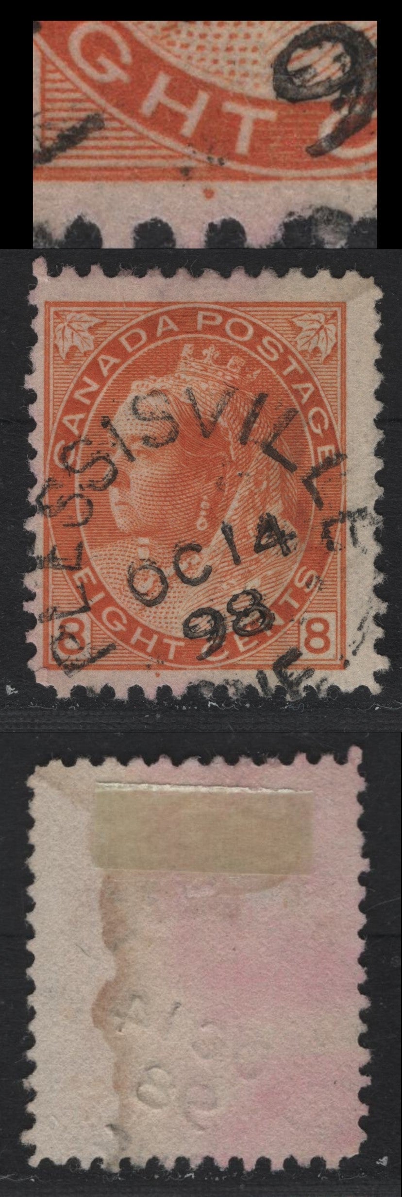Lot 122 Canada #82 8c Dull Orange Queen Victoria, 1898-1902 Numeral Issue, A Fine Used Single, ABN-Y Paper, Perf 12x11.9, Cancelled With Plessisville, QC Split Ring Cancel Dated October 14 1898, Showing Pos. Dot Under HT of Eight.
