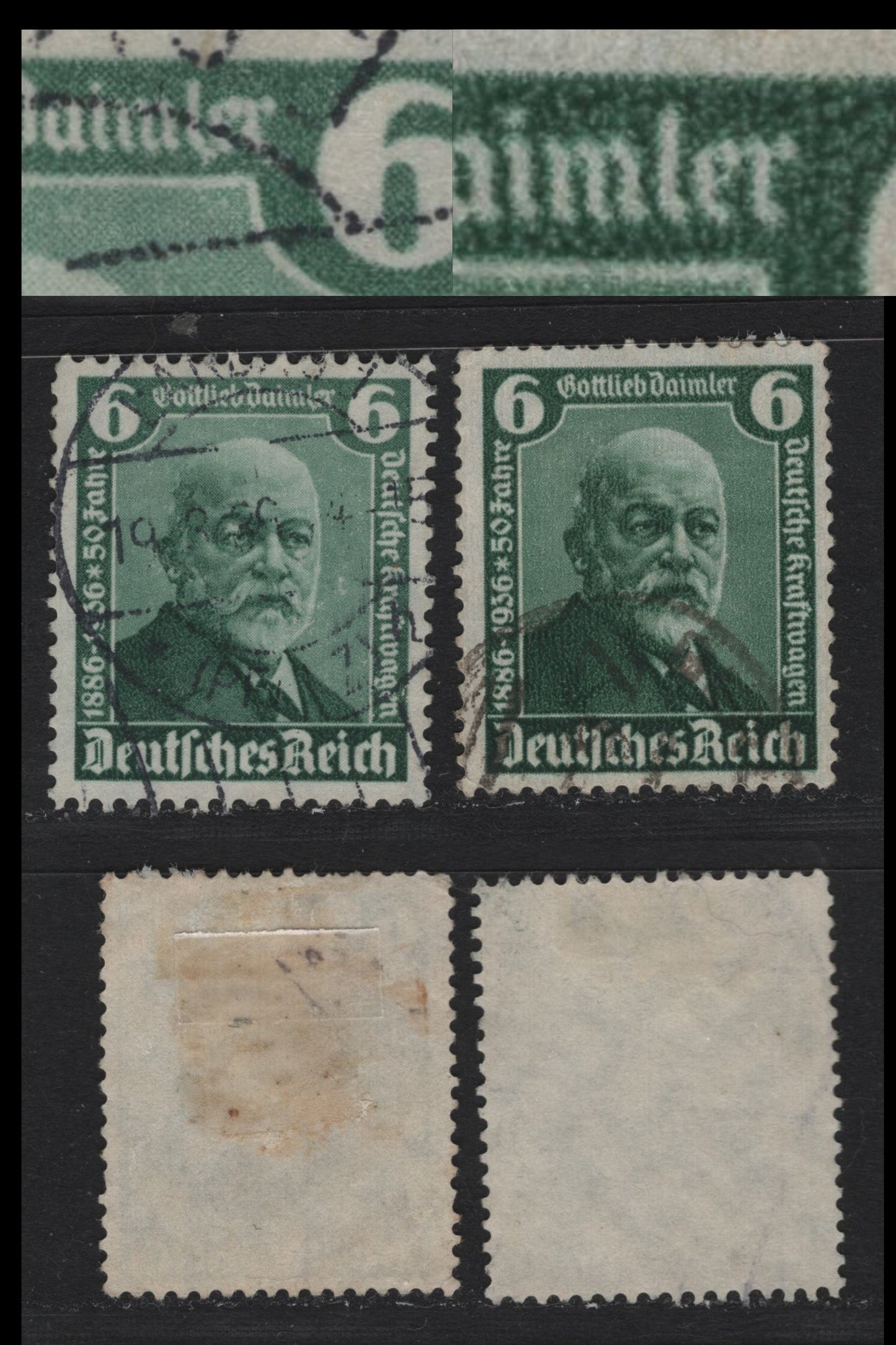 Lot 180 Germany SC#470var (604,604i) 6pf Dark Green , 1936 50th Anniv of Automobile Issue, 2 Very Fine Used Singles, One Normal & One Having The 'IE' of Dalimer Being Askew & Joined