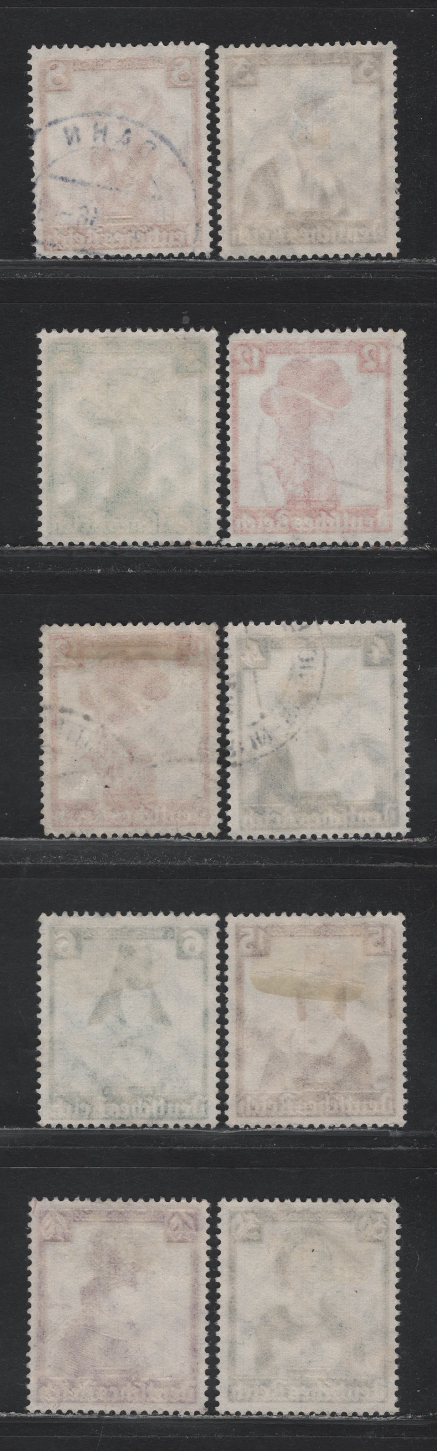 Lot 195 Germany SC#B69-B75, B77-B78 (588-594, 596-597) 3pf+2pf - 40pf+35pf Dark Brown - Plum , 1935 Costumes Semi Postal Issue, 10 Fine/Very Fine Used Singles, Includes 2 Shades of The 12pf+6pf Dark Carmine