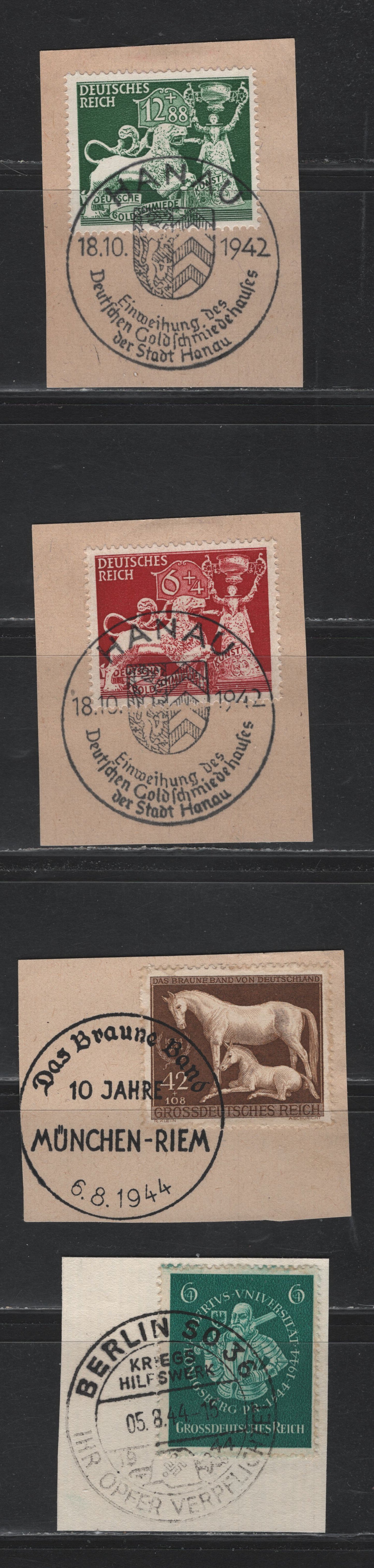 Lot 302 Germany SC#B206-B207, B280, B283 (816-817, 896, 899) 6+4pf - 42+108pf Copper Red - Brown , 1942-1944 German Goldsmith's Society - 11th Brown Ribbon Issue, 4 Fine/Very Fine Used Singles, Singles On Piece With Commemorative Cancels