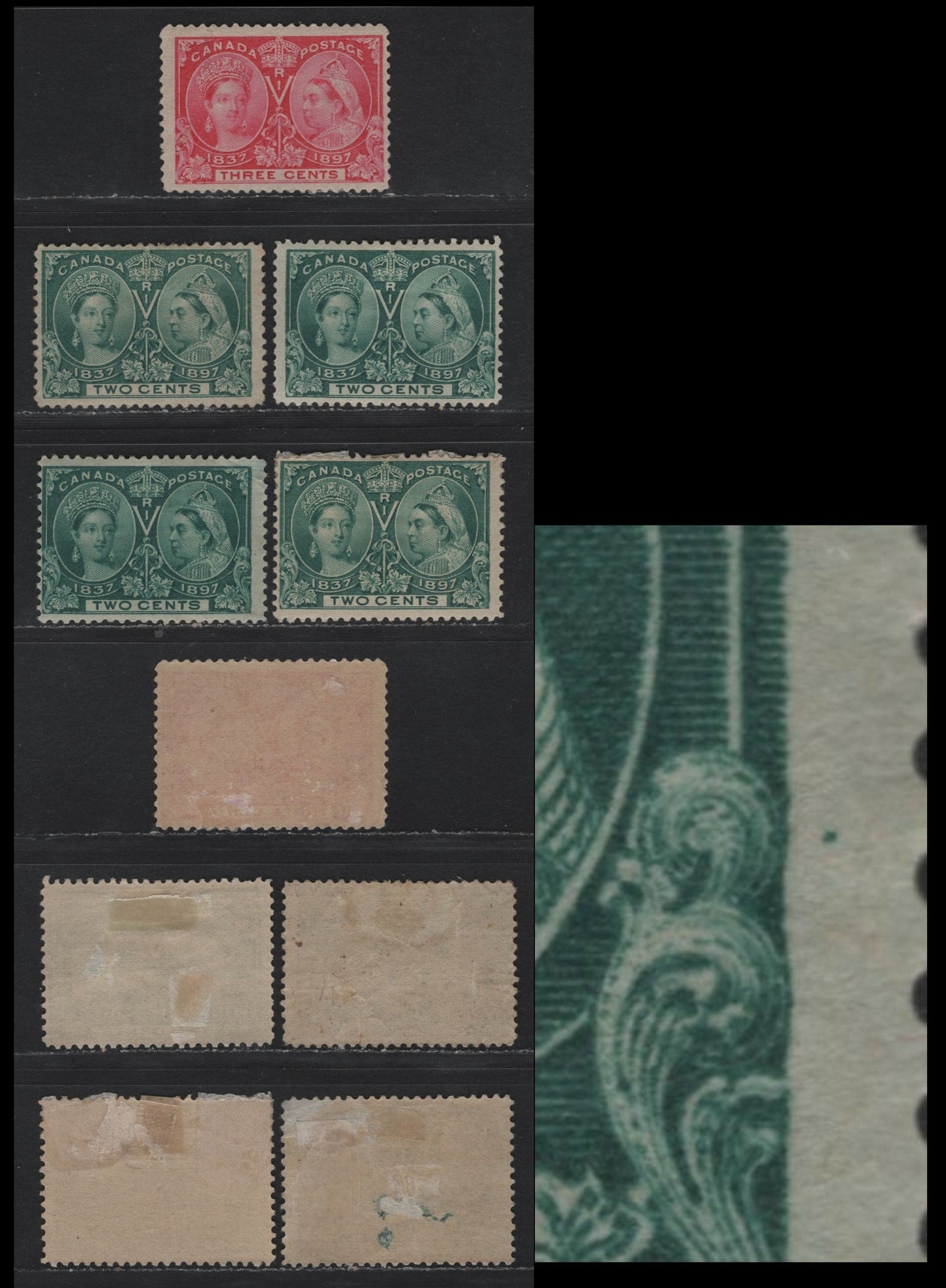 Lot 38 Canada #52, 52i, 53 2c - 3c Green - bright Rose Queen Victoria, 1897 Diamond Jubilee Issue, 5 VG/FOG Singles, Unchecked As to Paper & perf, Two Of The 2c & The 3c Have Hinge Thins, One Dark Green Shows A Pos. Dot In Right Margin.