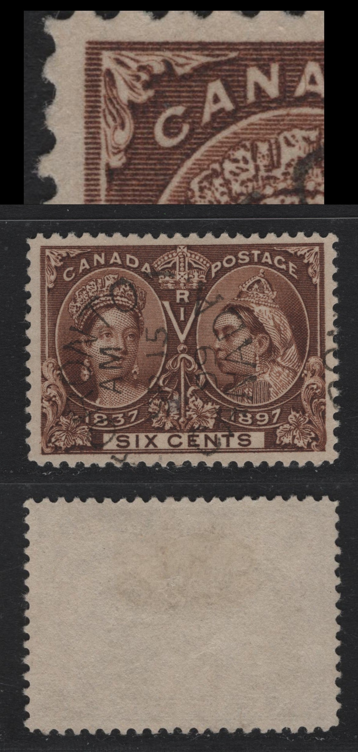Lot 48 Canada SC#55 6c Deep Yellow Brown Queen Victoria, 1897 Diamond Jubilee Issue, A VF Used Single On ABN-QQQQ Paper, Perf. 12 x 11.8, September 15, 1899 Toronto Split Ring Cancel, Dot In "V"