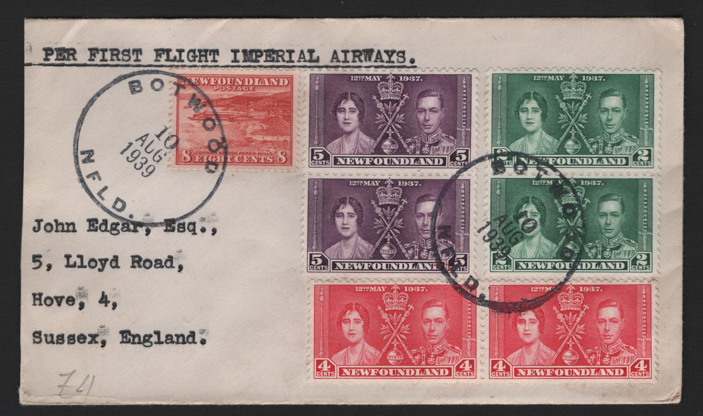 Lot 265 Newfoundland (C) #209, 230-232, AAMC 3925y, 1932-1937 Resources & Coronation Issues, A Very Fine Used Cover, Combination Use On First Flight Imperial Airway Cover