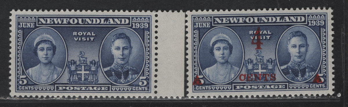 Lot 27 Newfoundland #249, 251 5c - 4c on 5c Violet Blue - Violet Blue, 1939 Royal Visit - Surcharged Issues, 2 VFNH Singles