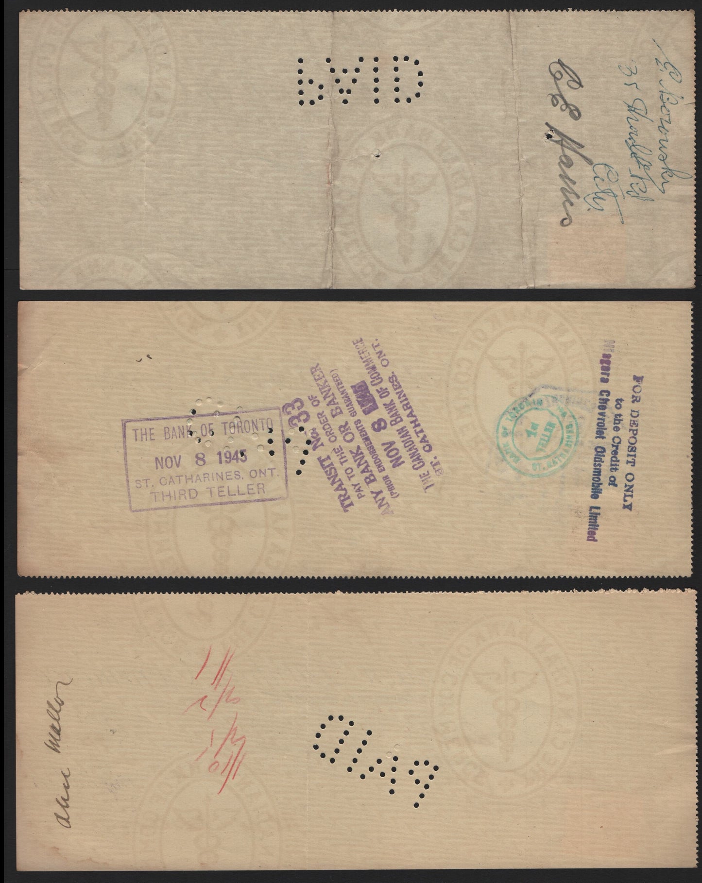 Lot 281 Canada #252 3c Rose Purple, 1945, 1947-1948 Cheques, 3 Very Fine Used Cheques, Used As Revenue Stamps On 3 Canadian Bank of Commerce Cheques