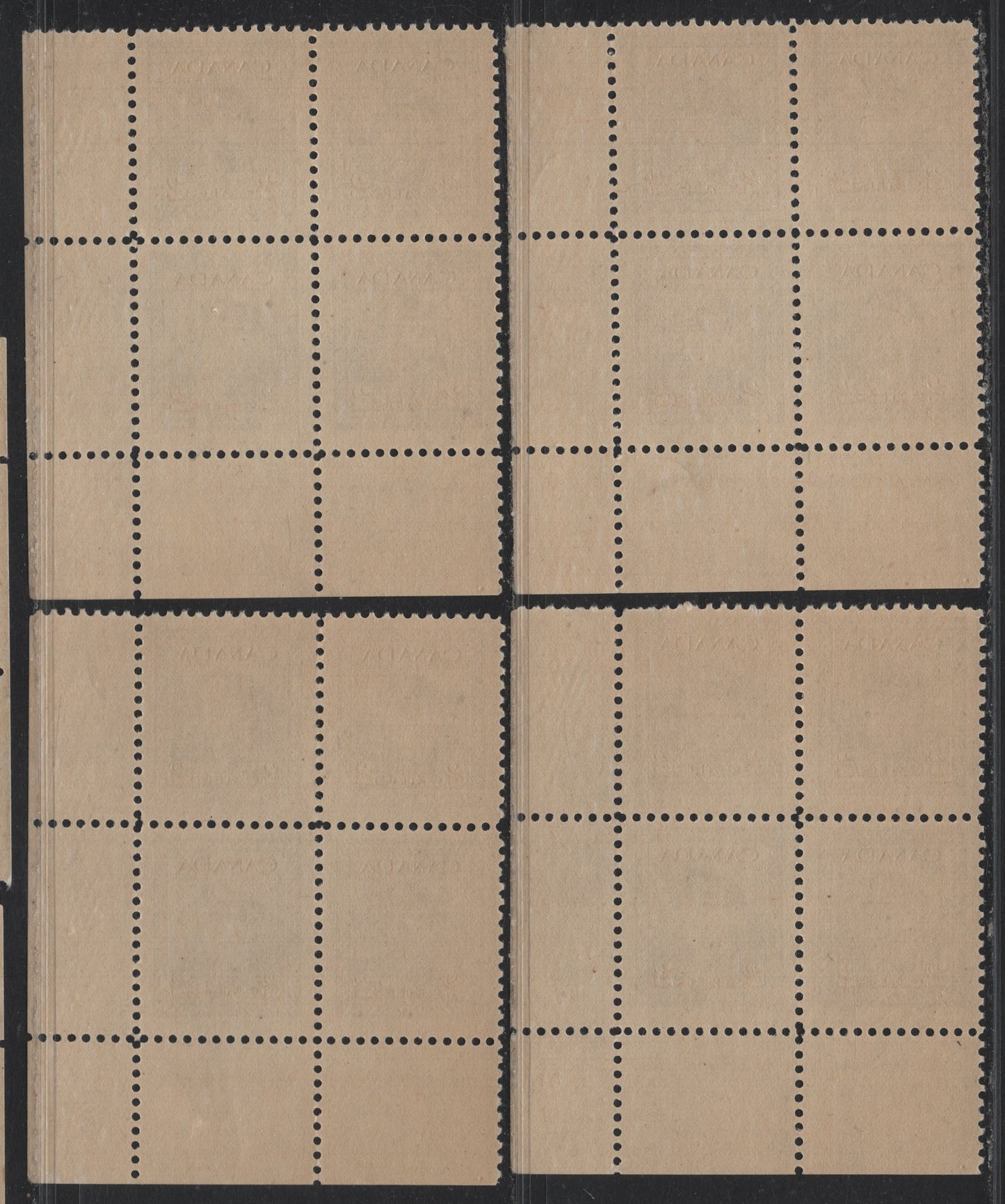 Lot 292 Canada #250 2c Light Brown, 1942-1943 War Issue, 4 FNH LR Plate Blocks Of 4, Plate 2, CBN-FFFFF Paper, Perfs 12x11.9, 12 & 12.1x11.85.