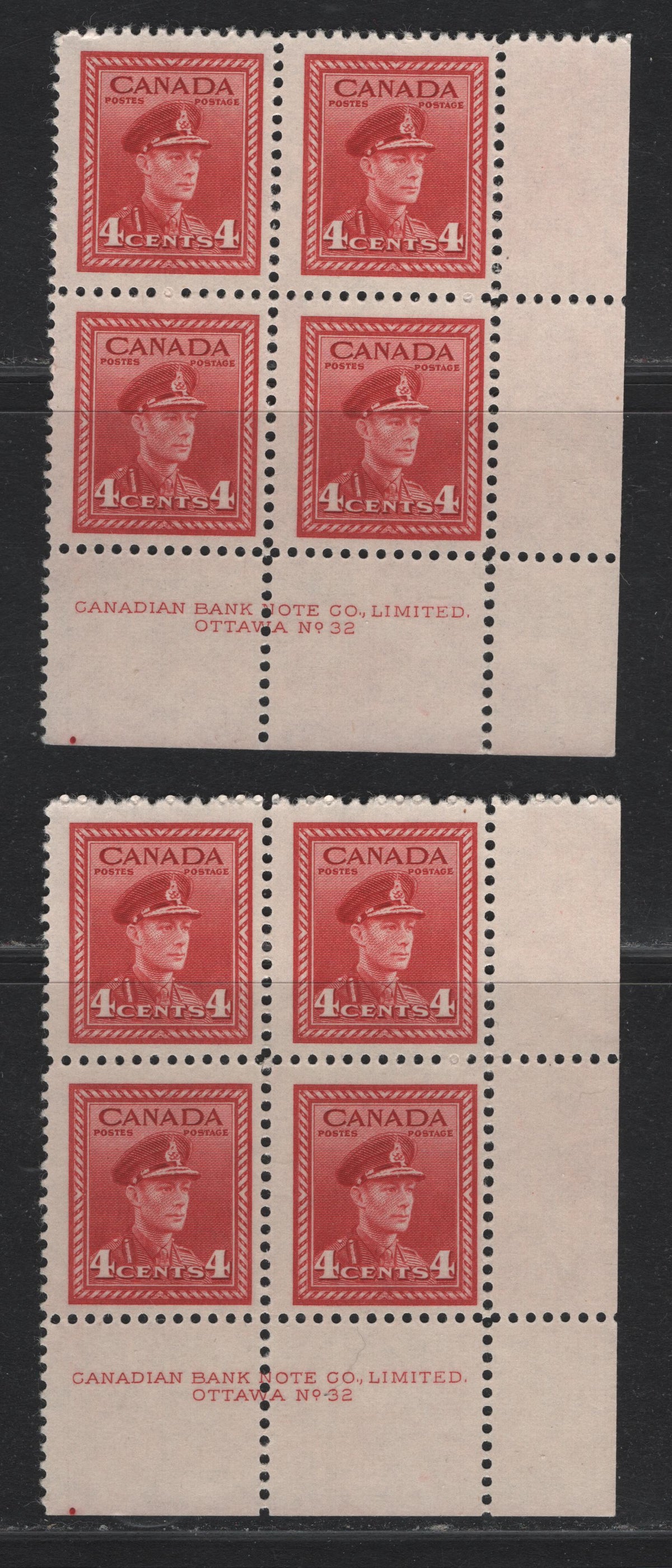 Lot 28 Canada #254 4c Deep Carmine Red, 1942-1943 War Issue, 2 FNH LR Plate 32 Blocks Of 4, CBN-BBBBB Paper, Perfs 11.9 & 12x11.9, Plate Dots At LL Under 'C' of Canadian.