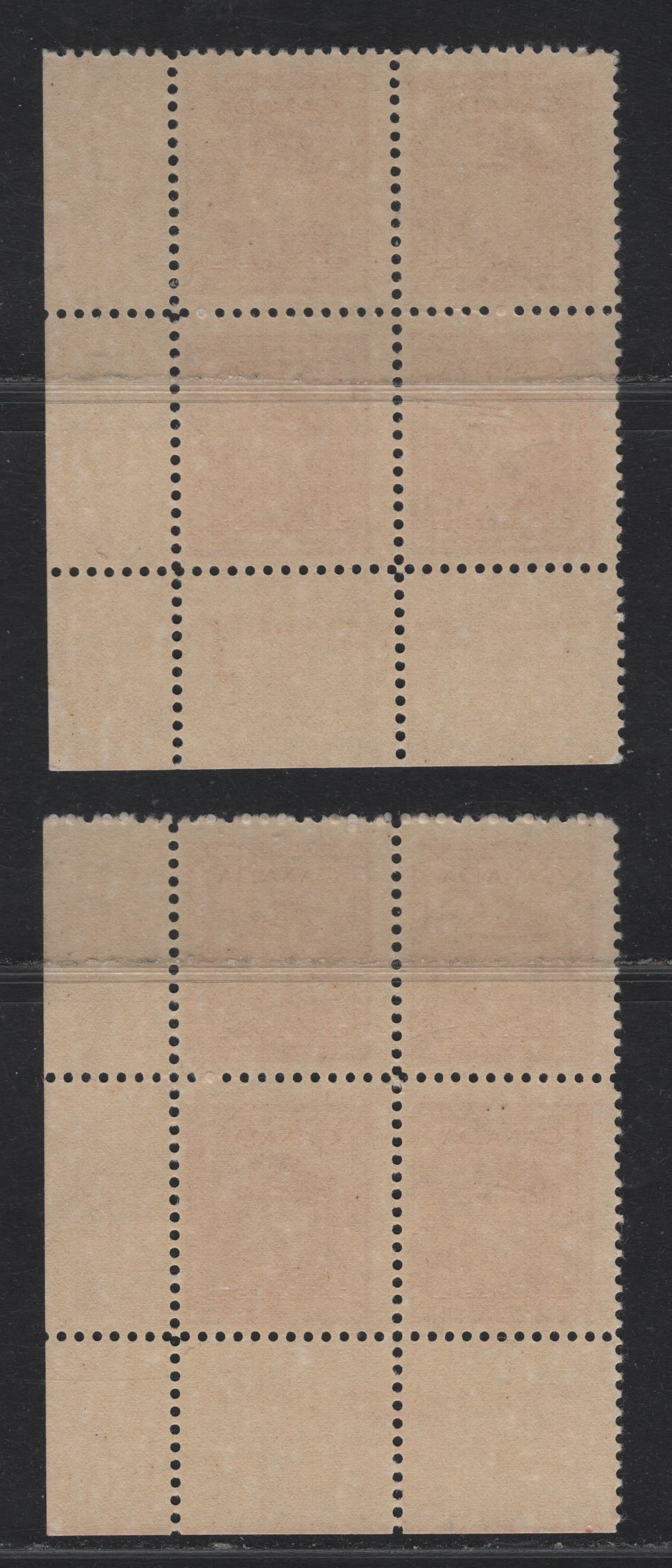 Lot 308 Canada #254 4c Deep Carmine Red, 1942-1943 War Issue, 2 FNH LR Plate 32 Blocks Of 4, CBN-BBBBB Paper, Perfs 11.9 & 12x11.9, Plate Dots At LL Under 'C' of Canadian.