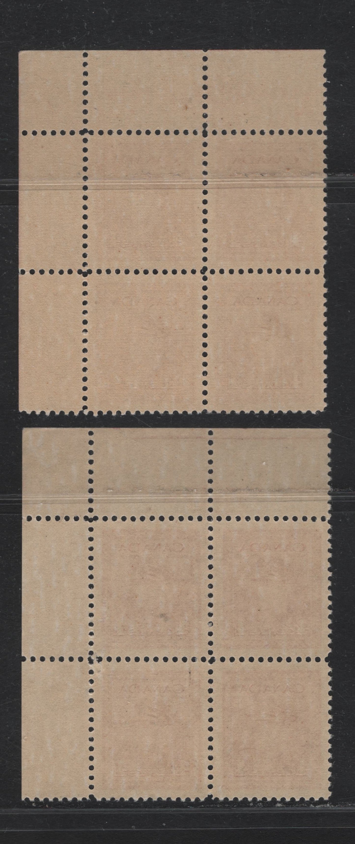 Lot 309 Canada (C) #254 4c Carmine Red - Deep Carmine Red, 1942-1943 War Issue, 2 VFNH UR Plate Blocks Of 4, Plates 32 & 48, CBN-UUUUU Paper, P.32 Shows No Cutting Guideline Or Plate Dot, P.48 Has Both (Plate Dot In Right Margin).