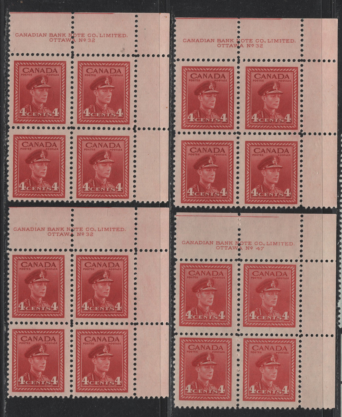 Lot 29 Canada #254 4c Deep Carmine Red, 1942-1943 War Issue, 4 FNH UR Plate Blocks Of 4, Plates 32(x3) & 47, P.47 Is CBN-VVVVV Paper, The P32 Blocks Are On CBN-UUUUU Papers, P.32 Blocks Are Identical Except With Respect To Perfs.