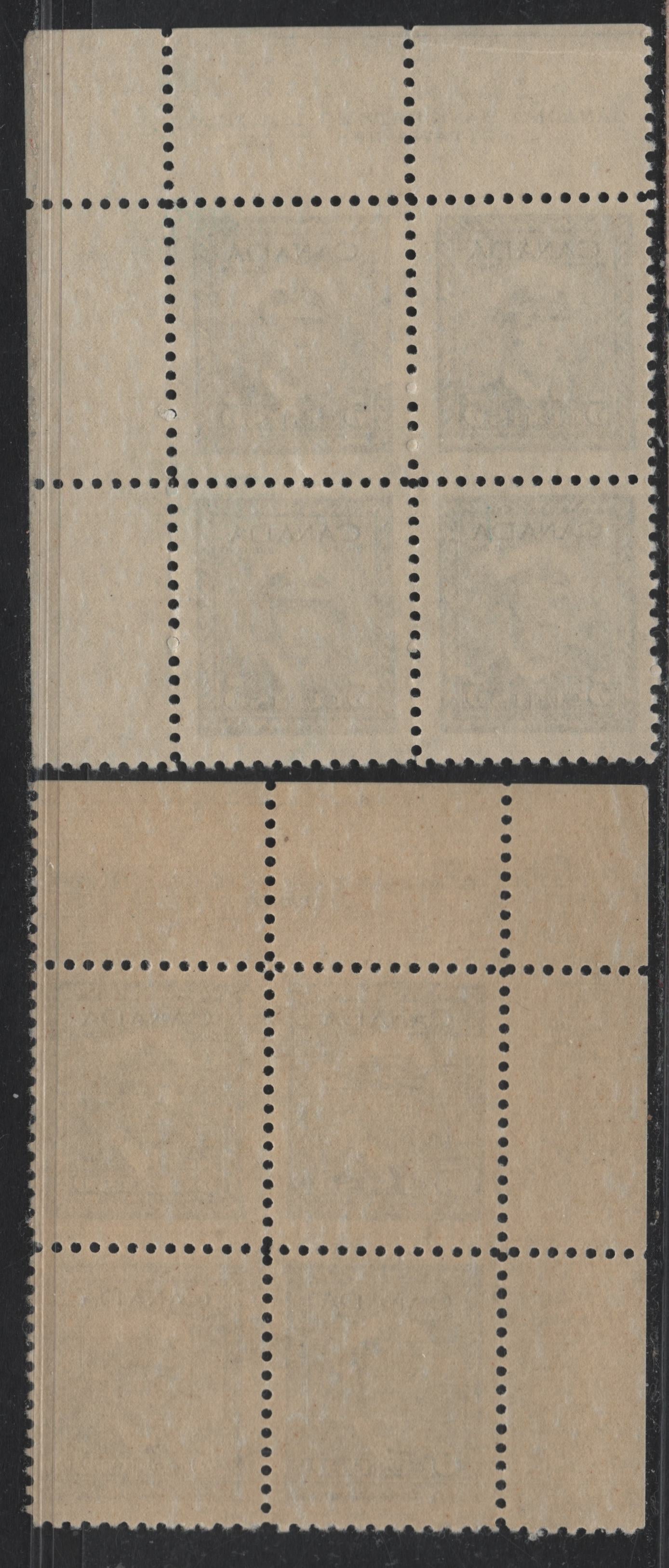 Lot 313 Canada (C) #255 5c Blue - Deep Blue, 1942-1943 War Issue, 2 FNH UL & UR Plate 3 Blocks Of 4, Different Papers & Perfs, Light Bend In Selvedge Of UR Block