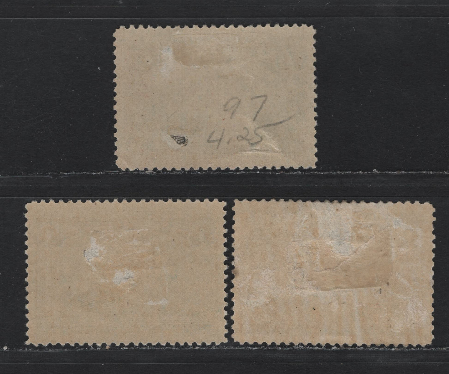 Lot 32 Canada (C) #97 1c Deep Blue Green - Grayish Blue Green, 1908 Quebec Tercentenary Issue, 3 G/FOG Single, Unchecked As To Specific Perfs, All Three Have Shallow Thins, Darkest Shade Has Two Small Tone Spots & A Tiny Tear Above OS of Postage.