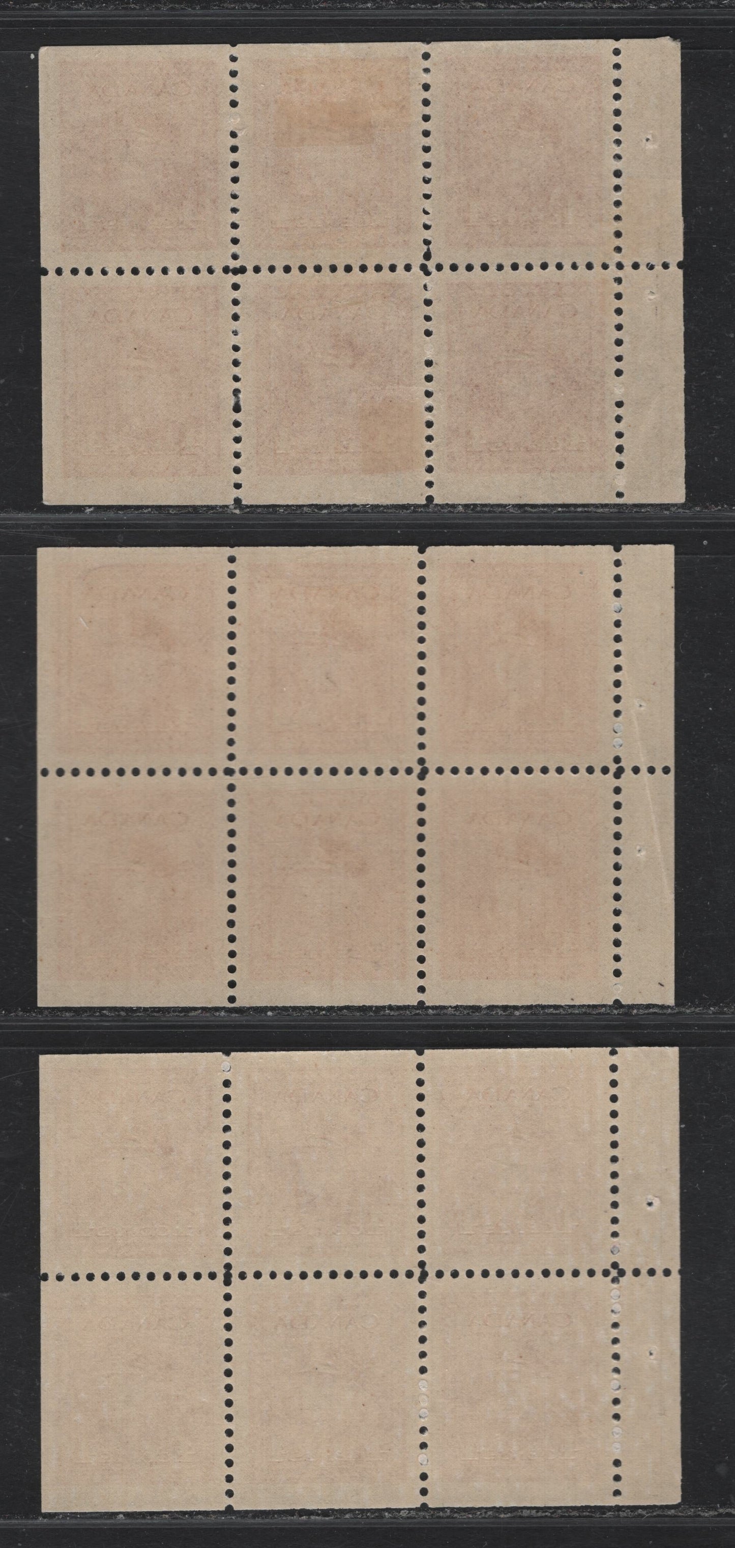 Lot 394 Canada (C) #254a 4c Carmine Red & Deep Carmine Red, 1942-1943 War Issue, 3 VFOG/NH Booklet Panes Of 3, Two Of The Deep Carmine Red & Are Printed On Different Vertical Wove Papers, The Lighter Pane Is On A Horizontal Ribbed Paper.