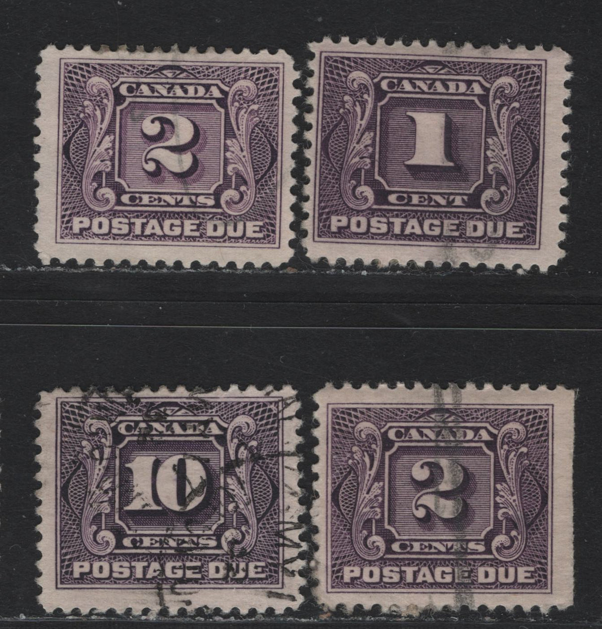 Lot 22 Canada #J1c, J2c, J2, J5 1c - 10c Deep Rose Lilac - Deep Lilac, 1906-1928 Postage Dues, 4 Fine Used Singles, Papers & Perfs Unchecked As To Specifics, Minor Wrinkle On Paper Of 10c