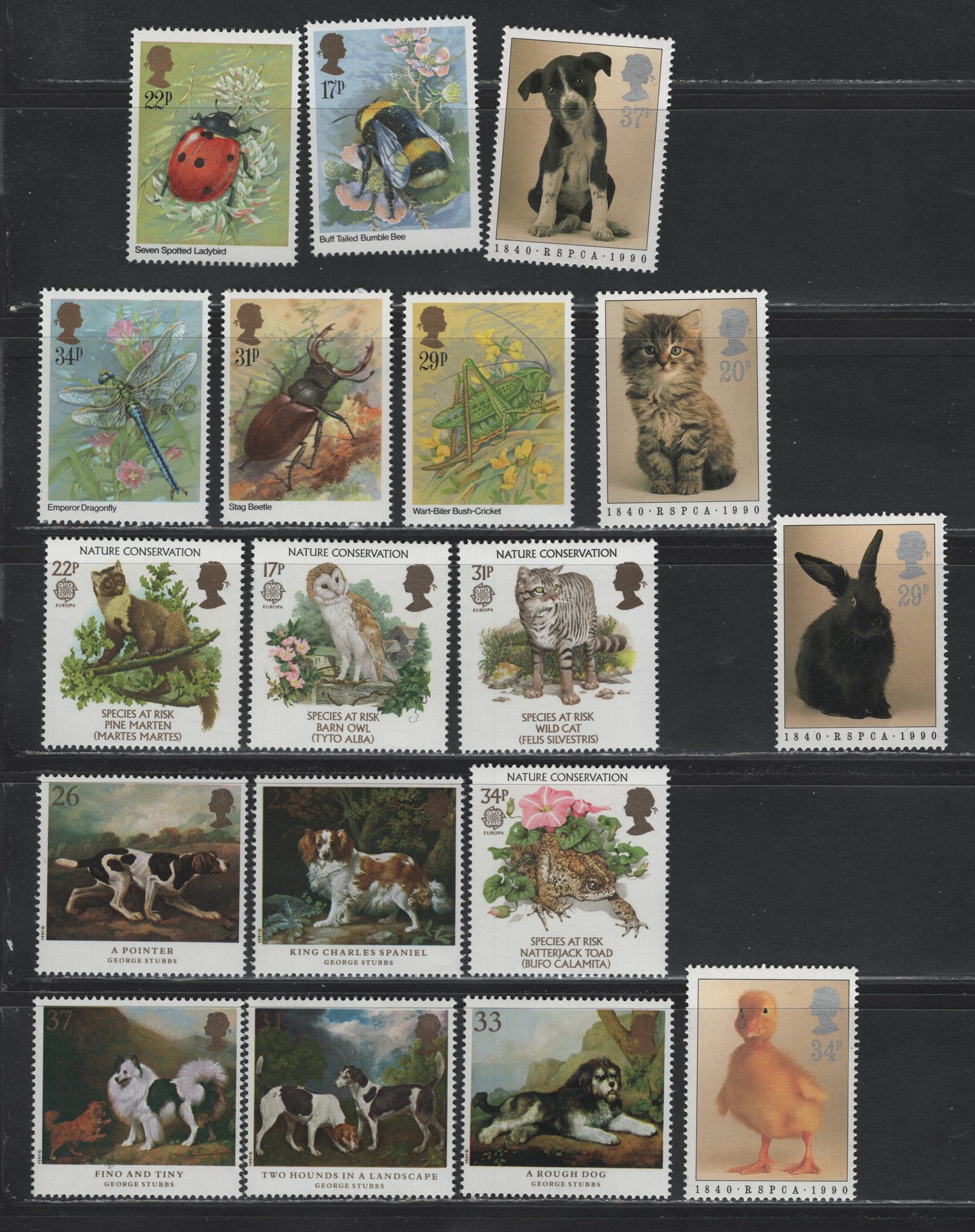 Lot 216 Great Britain SG#1098-1102, 1141-1144, 1300-1303, 1345-1349 17p - 37p Multicolored , 1985-1991 Insects - Dogs Issues, 18 VFNH Singles