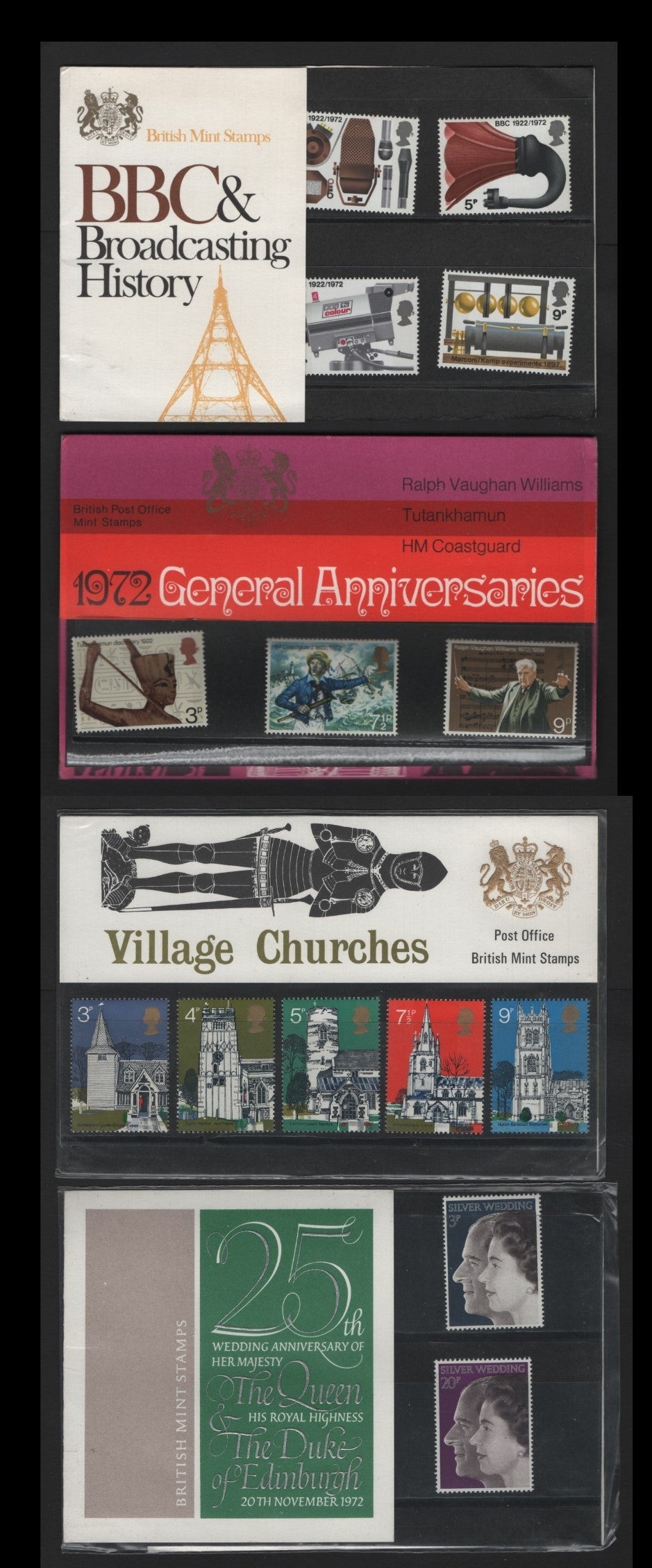Lot 221 Great Britain (C) SG#40-41, 43, 45, 1972 Presentation Packs, A VFNH Collection, Anniversaries, Churches, BBC & Silver Weddings, Pack #43 Is Unsealed