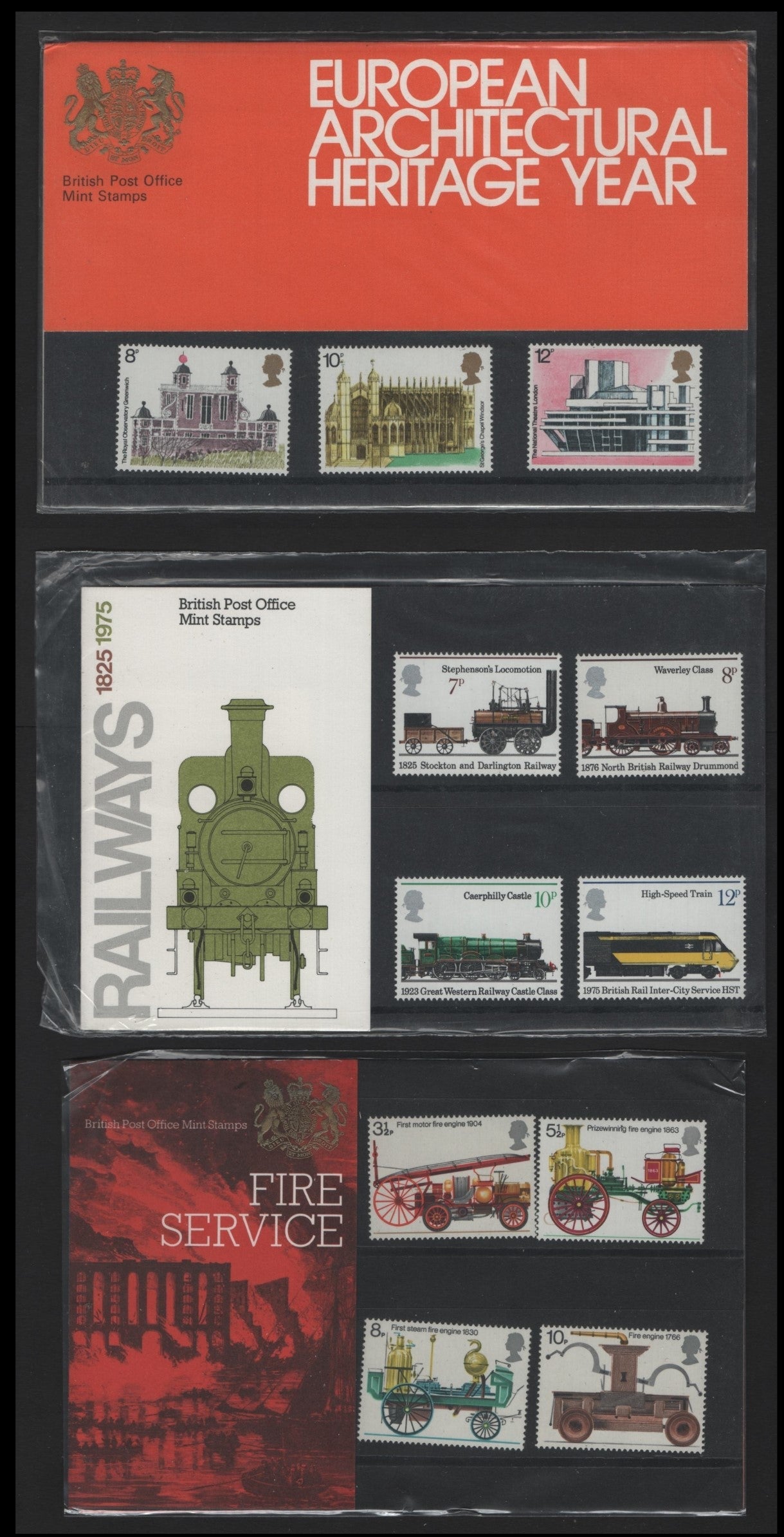 Lot 228 Great Britain (C) 1974-1975 Presentation Packs, A VFNH Collection, Fire Prevention, European Architectural Heritage Year & Public Railway Issues
