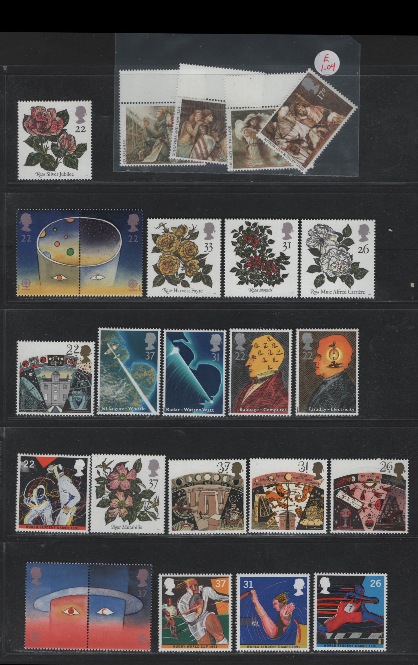 Lot 237 Great Britain (C) SG#1294-1297, 1522-1525, 1546-1549, 1560-1572 17p - 37p Multicolored, 1985-1991 Arthurian Legends - World Congress of Roses Issues, 23 VFNH Singles